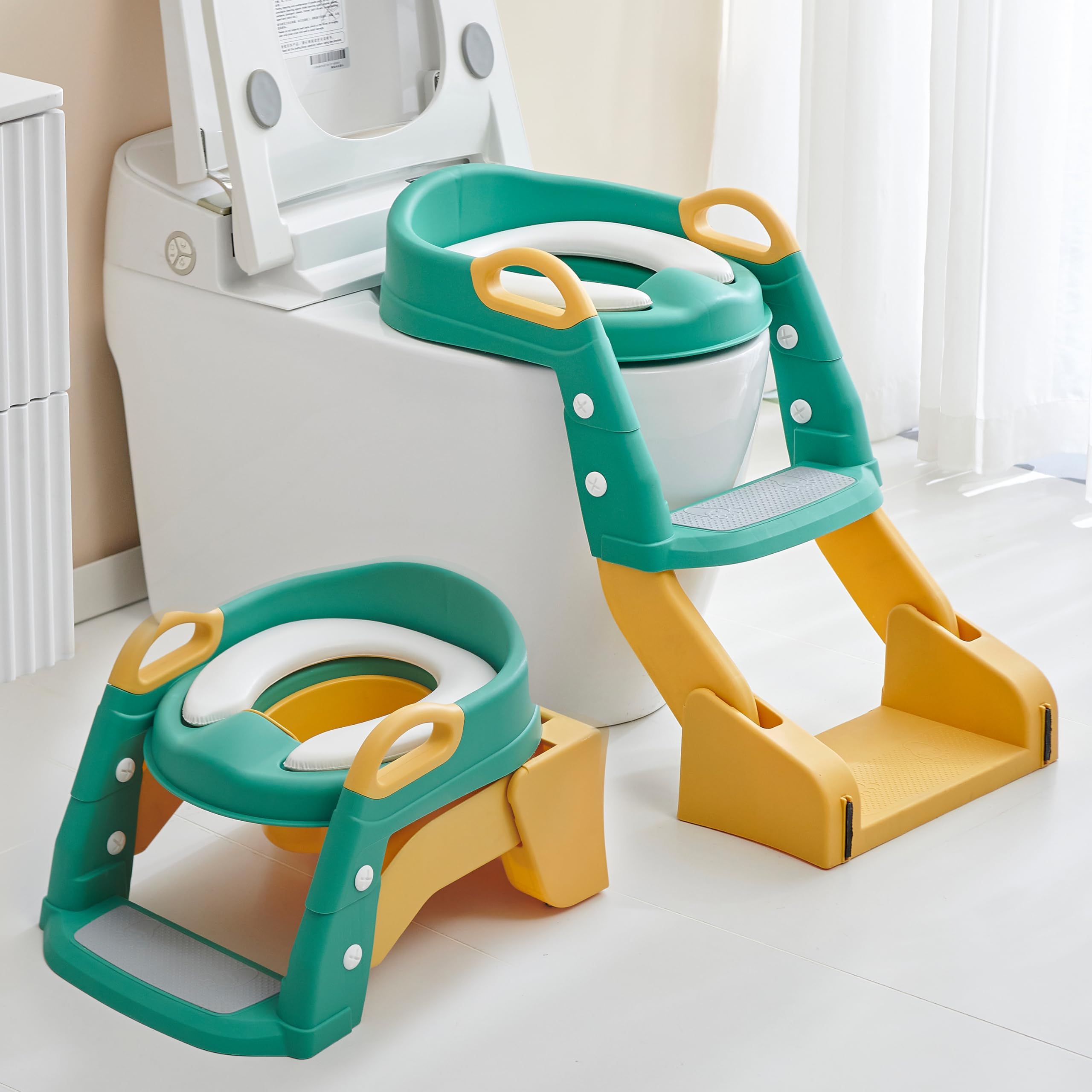Baybee Vega 3-in-1 Baby Potty Seat With Ladder for Kids, Baby Potty Ladder Training Potty Chair with Splash Guard & Cushion Seat | Kids Toilet Seat | Potty Chair for 1-8 Years Boys & Girls (Green)