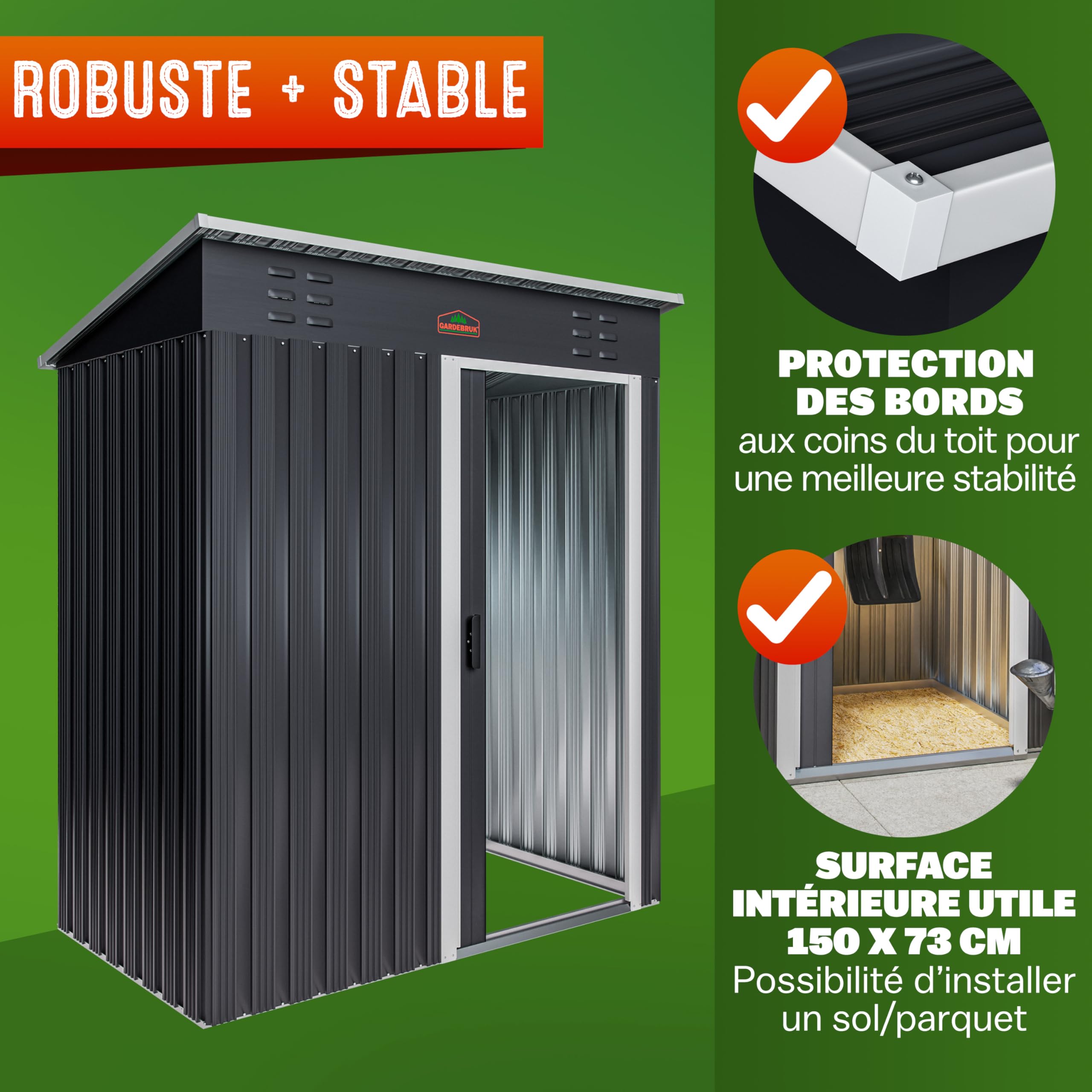 GARDEBRUK® Abri de Jardin métal Inoxydable 185x165x90cm 1,5m² Crochets 20kg Gants Porte coulissante Anthracite cabane Jardin cabanon Rangement Outils