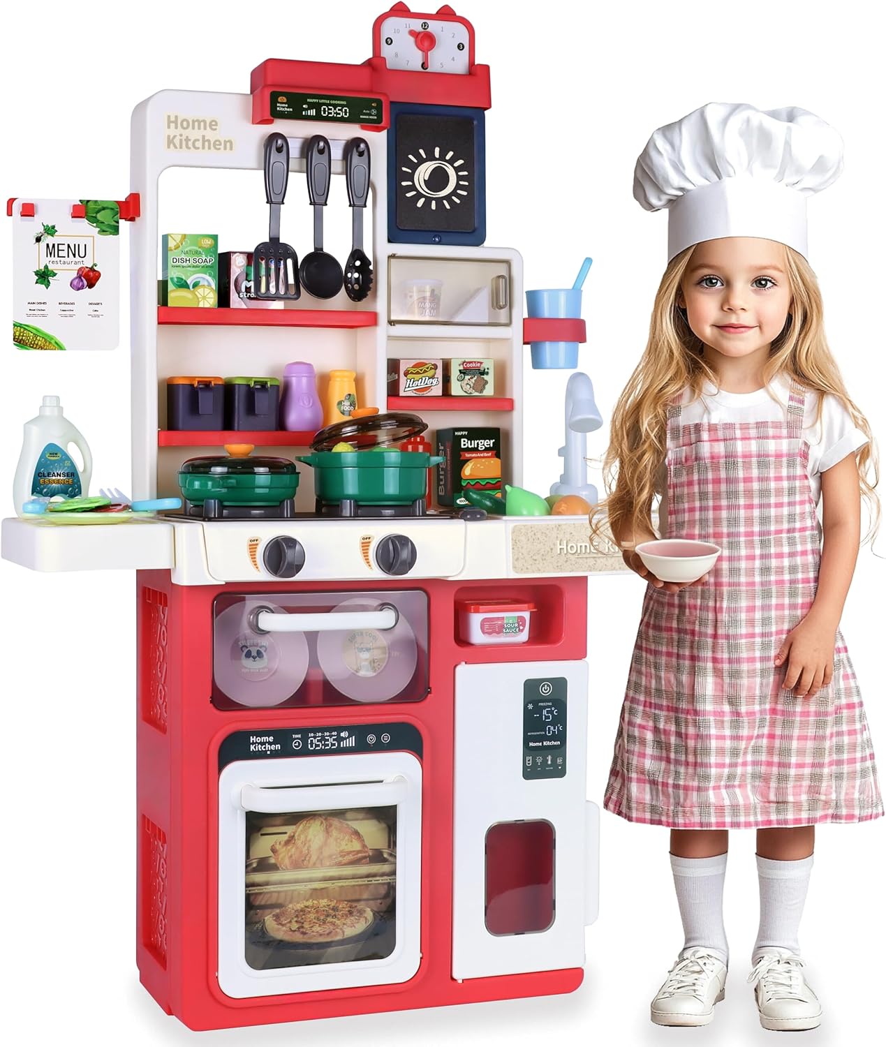 Kids Pretend Kitchen Playset with Electronic Stove, Steam & LED Lights – Interactive Toddler Kitchen Toy with Working Sink, Play Food & Accessories for Girls & Boys 3–8 Years (Red)