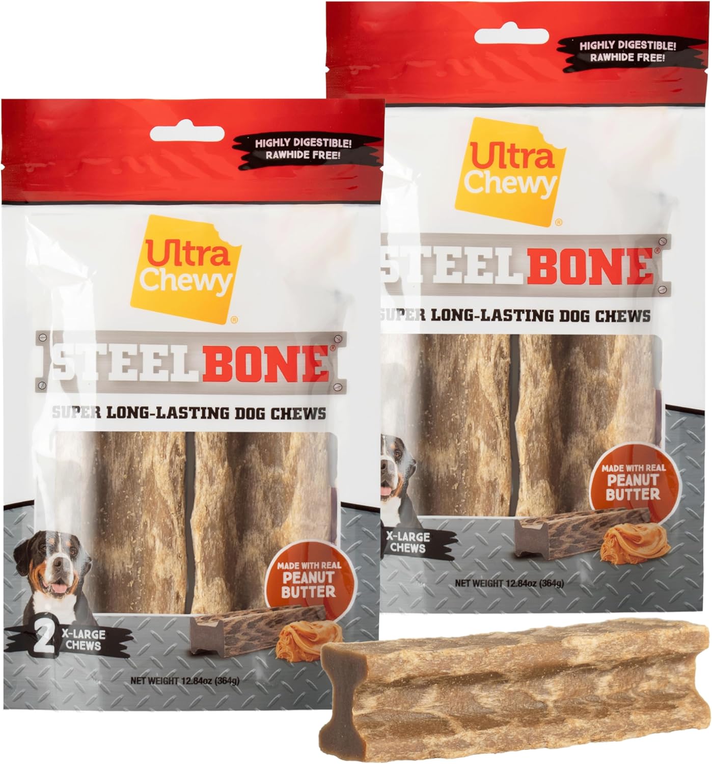 Ultra Chewy Steel Bones X-Large Size Peanut Butter Flavor - Super Long Lasting Dog Chews - Rawhide Free & Highly Digestible - Unique Shape Helps Clean Teeth - Ideal Dog Bones for Aggressive Chewers