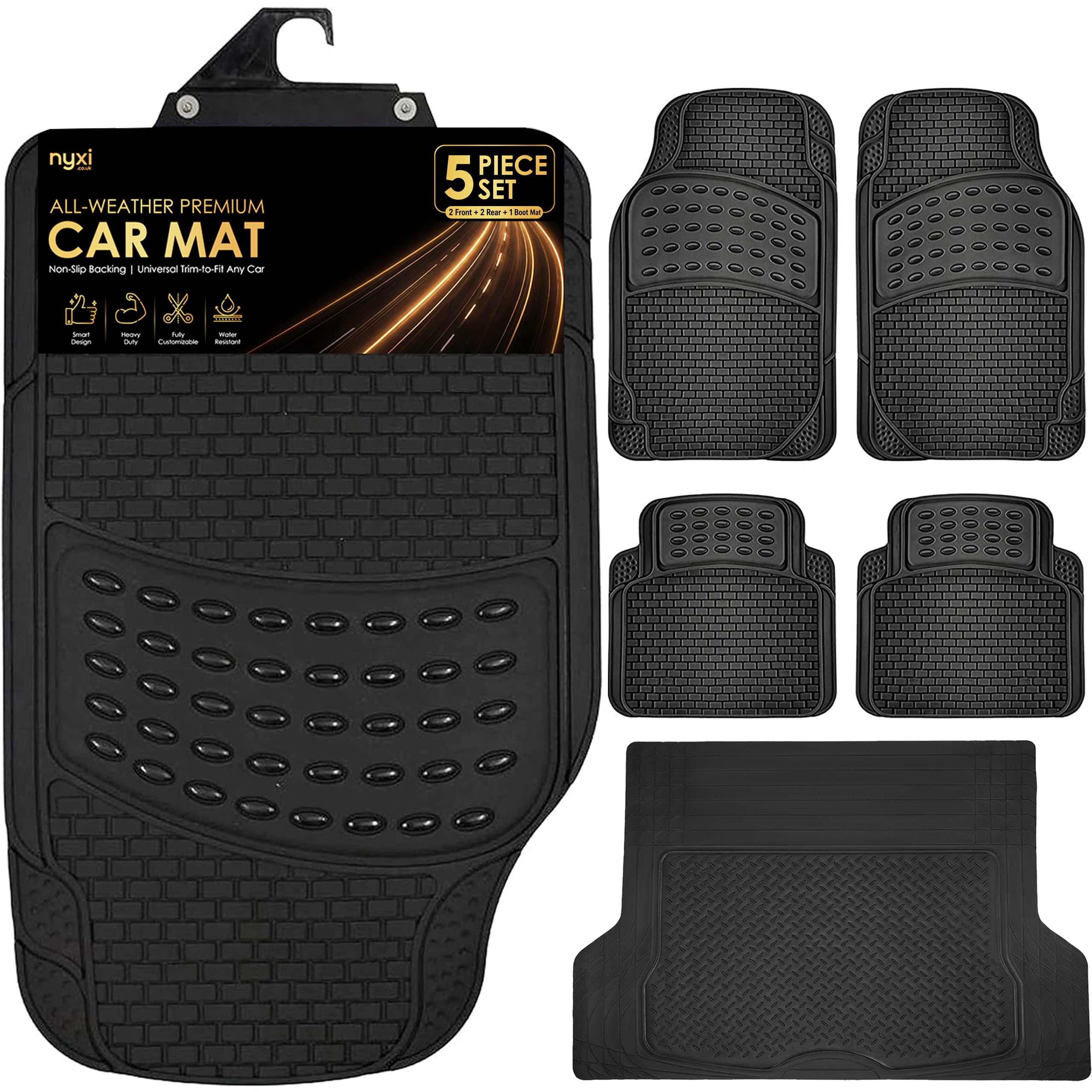 Nyxi 5 Piece Rubber Car Mat XL Boot Mat (Front + Rear + Boot Mat 137cm X 110cm) Universal Non-Slip Deep Dish Heavy Duty for Cars SUV Truck and VAN, Water Proof, All Weather - 1