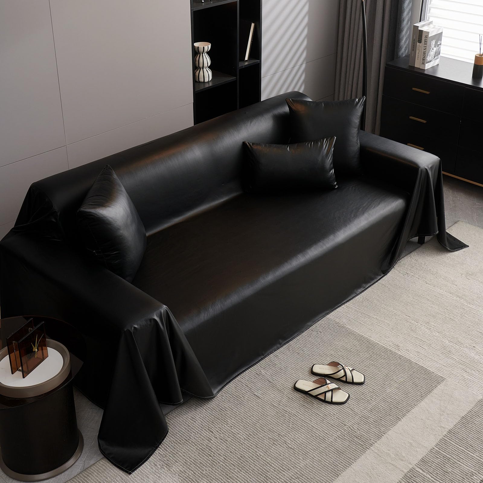 wasserdichte Sofabezüge aus PU Leder für Anbausofas Vintage Couchbezug für Hunde Zweisitzer Bezüge Futon Bezug L förmiger Bezug abwischbarer Couchschutz (schwarz 180 x 383 cm)