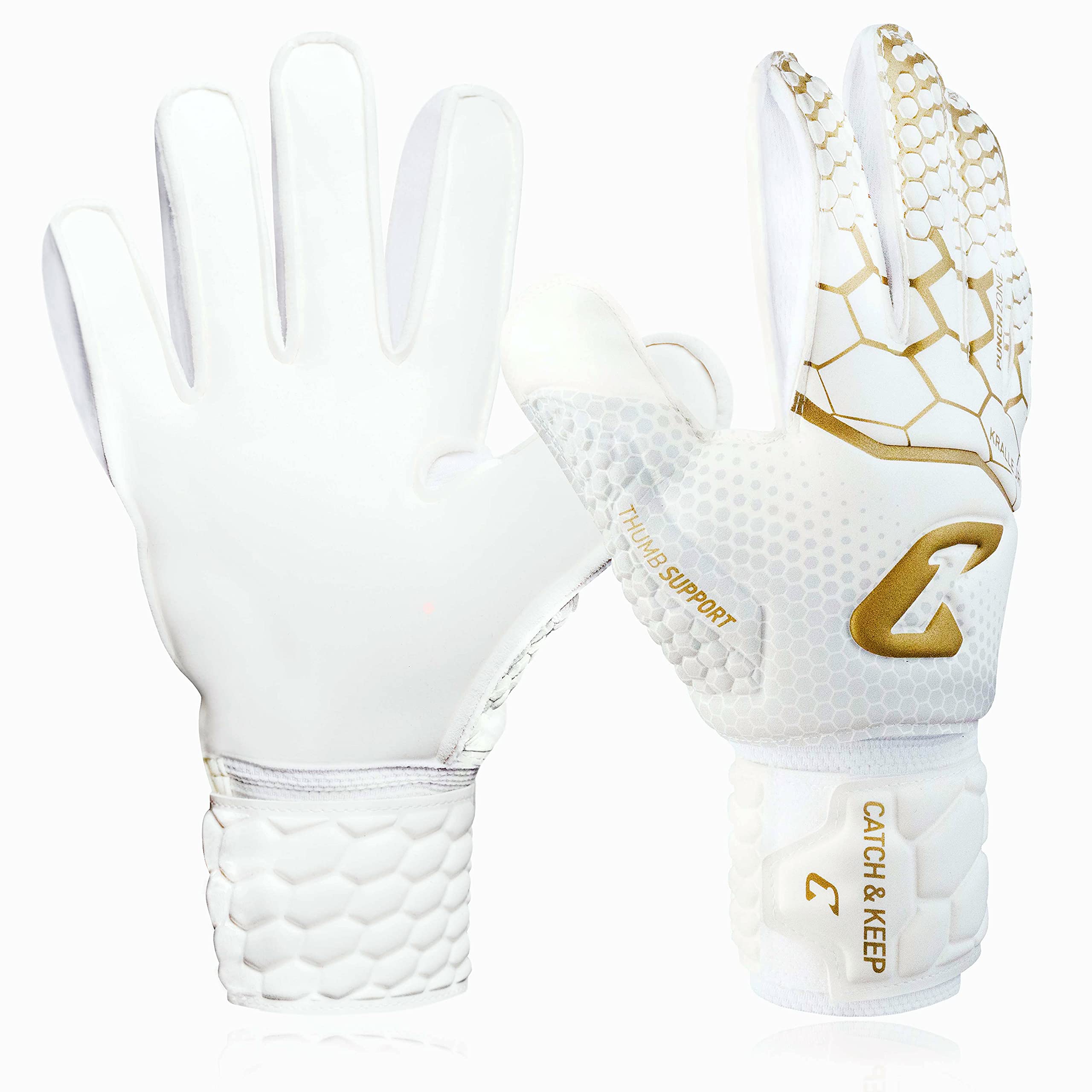 CATCH & KEEP Guanti da portiere Kralle Junior Pro 3.0 - Guanti portiere bambino - Falcon Grip ultra forte - Ottima vestibilità per bambini (4, Oro/Bianco)