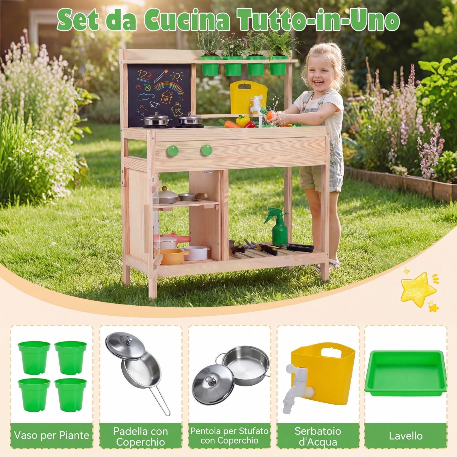 RELAX4LIFE Cucina Giocattolo per Bambini, Set di Cucina in Legno Massiccio con Lavagna, Serbatoio d’Acqua, Lavello Rimovibile, Giocattolo Educativo da Giardino e Balcone per Bambini 3+ Anni