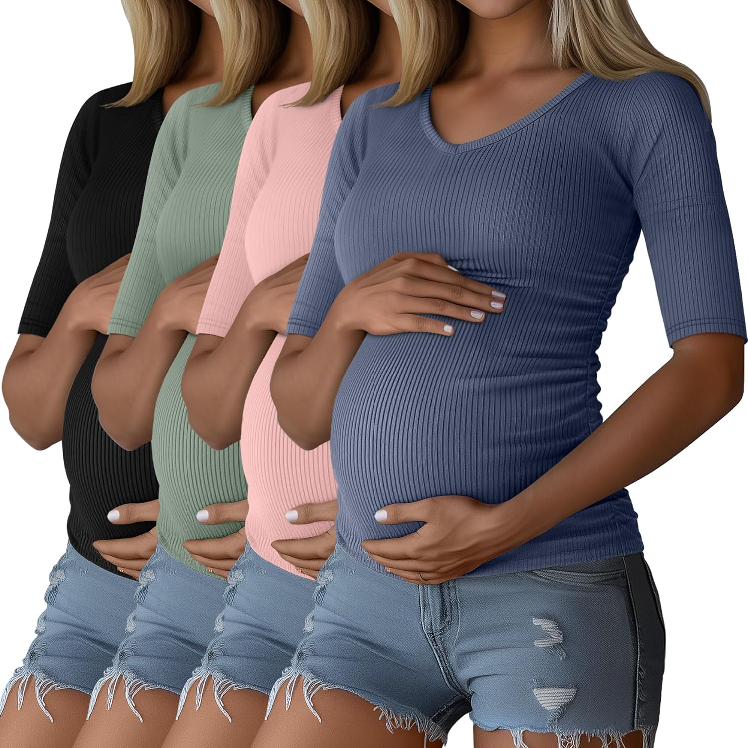 Ficerd 4 Pack Women’s Maternity Shirts, Cotton Half Sleeve Pregnancy Tops Ribbed V Neck Casual Slim Fit Maternity Clothes
