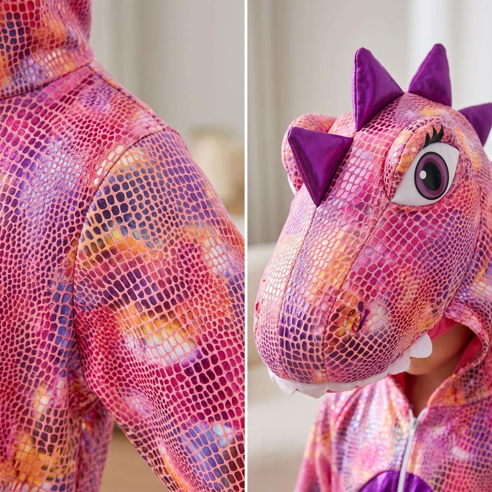 Costume Dinosauro Bambini Tuta Tuta Cappuccio Effetto Scaglie Zanne Bianche Spikes Chiusura a Zip Tessuto Poliestere Adatto per Halloween Carnevale Feste Infantili Giochi di Ruolo