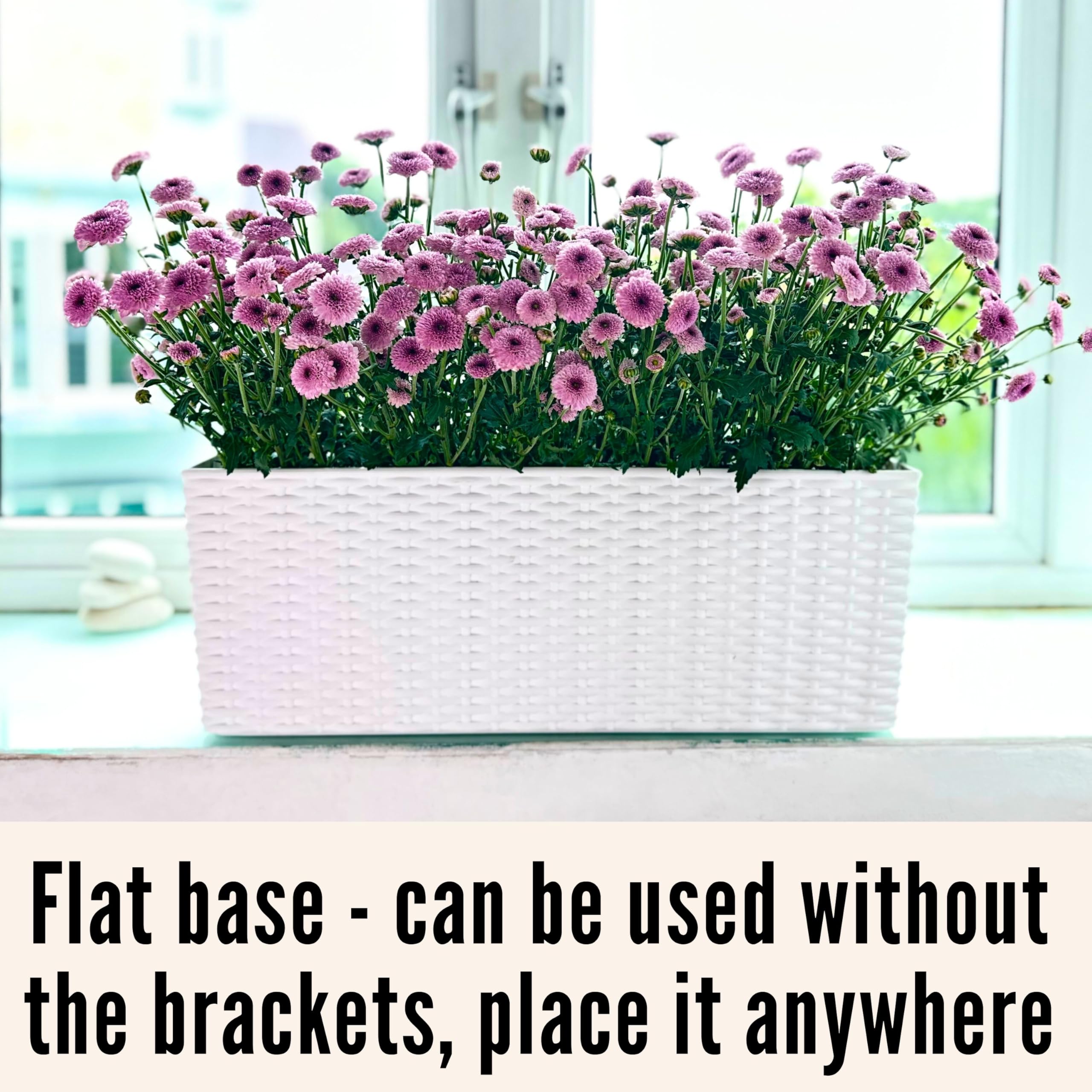 LaLaGreen Lot De 2 Grands Pots De Fleurs Rectangulaires Pour Balcon Et Extérieur Avec Supports - Jardinière Rectangulaire En Plastique Avec Motif Rotin - 50,8 Cm - Blanc