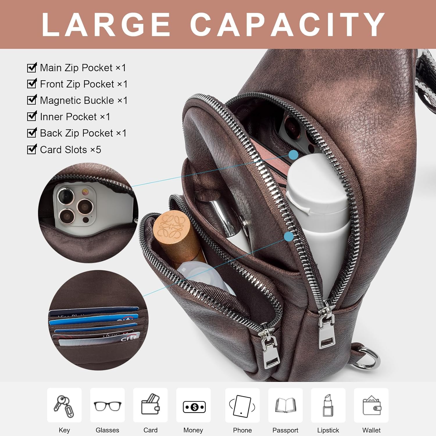 CLUCI Small Sling Bag for Women, Vegan Leather Fanny Pack Crossbody Bags for Women, Chest Bag With Guitar Strap - Image 3