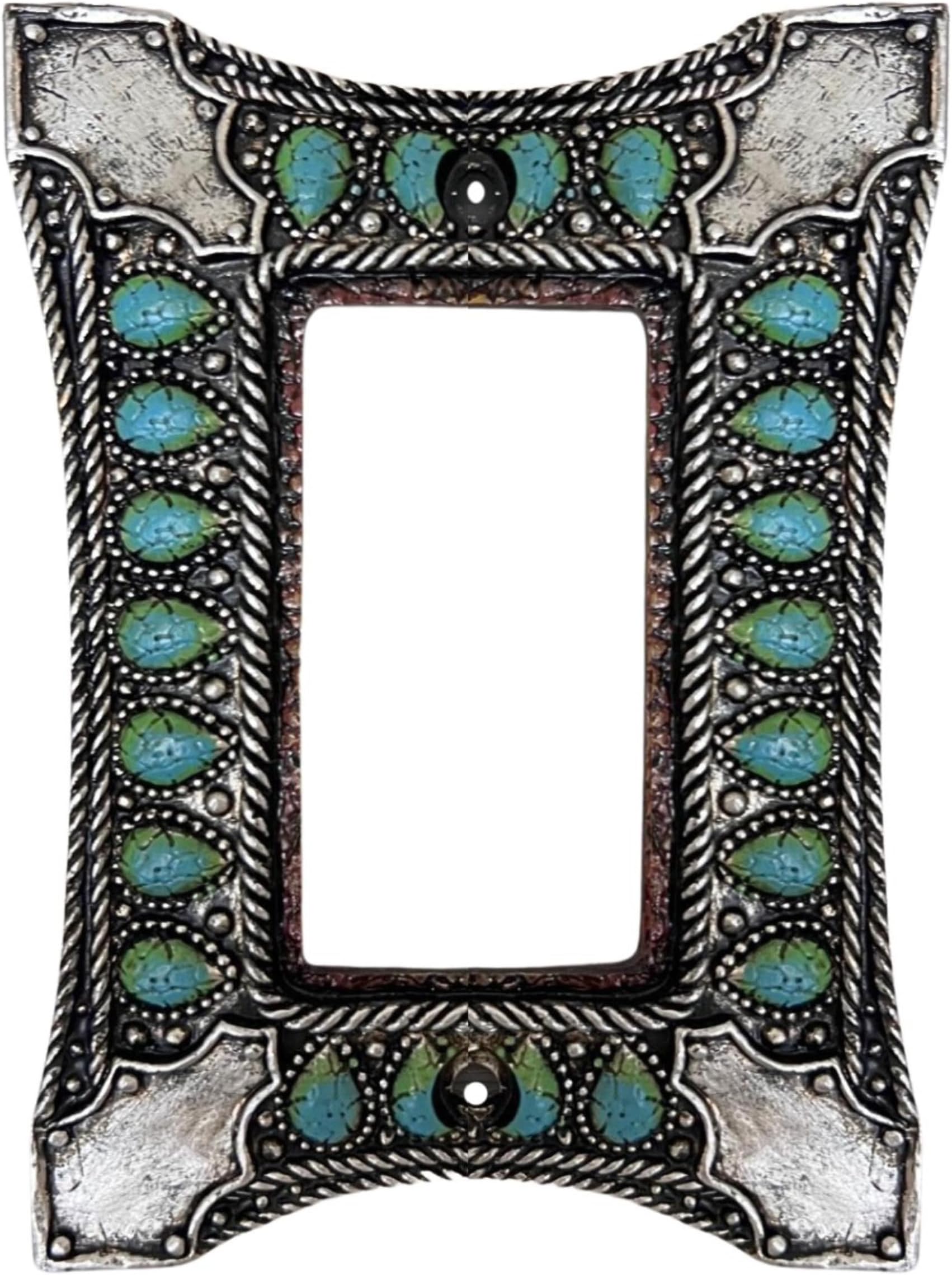 Single Rocker Switch Decorative Wall Plate - 1-Gang Light Switch Cover in Southwest Tooled Leather and Hand-Painted Faux Turquoise Gemstone Design - Soutwestern & Native American Inspired Home Decor