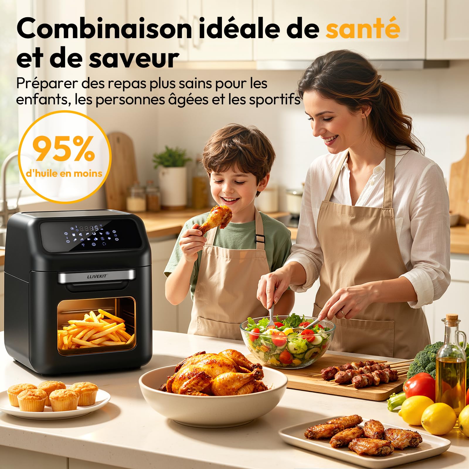 LLIVEKIT Friteuse à Air Chaud 12L, Four à Air Chaud avec 12 Fonctions, Mini Four, 1800 W, avec Écran LED Numérique, Déshydratateur de Fruits, Barbecue, Livret de Recettes et 7 Sortes d'Accessoires