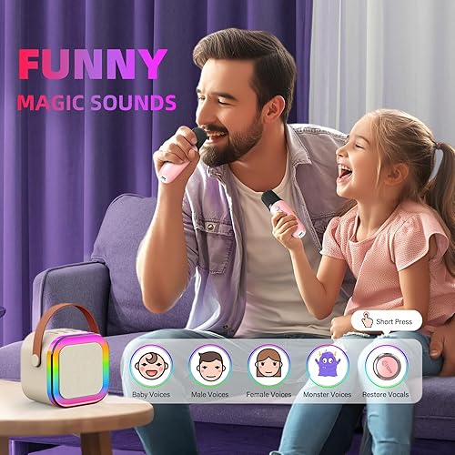 Vista 13 de Máquina de karaoke para niños, máquina de karaoke para niñas con 2 micrófonos inalámbricos, mini altavoz Bluetooth portátil para niños, máquina