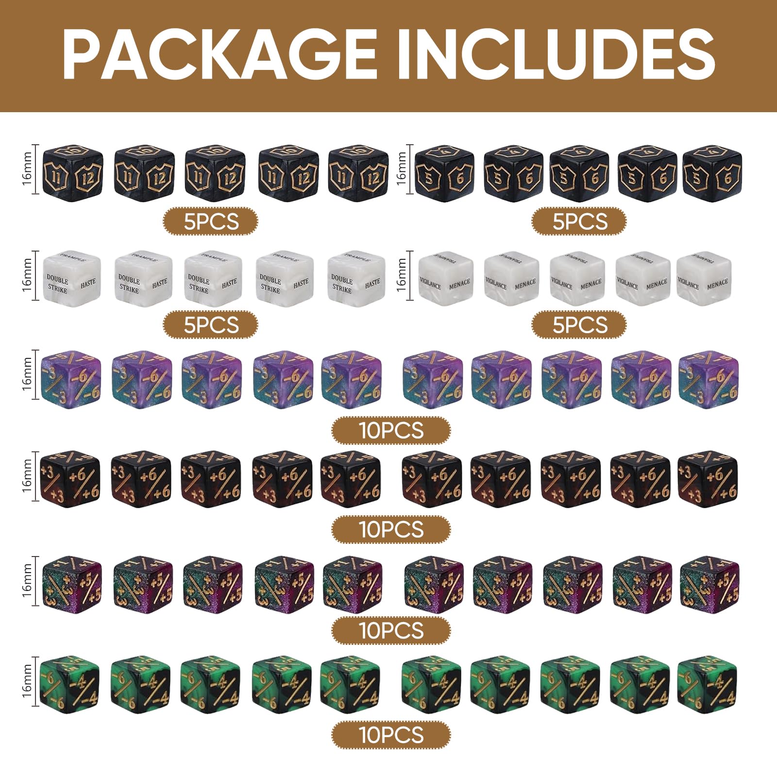 MTG Dice Counters 60 Pack, 16 mm D6 Keyword Ability Dice & +1-1 Buff Counters - Image 2