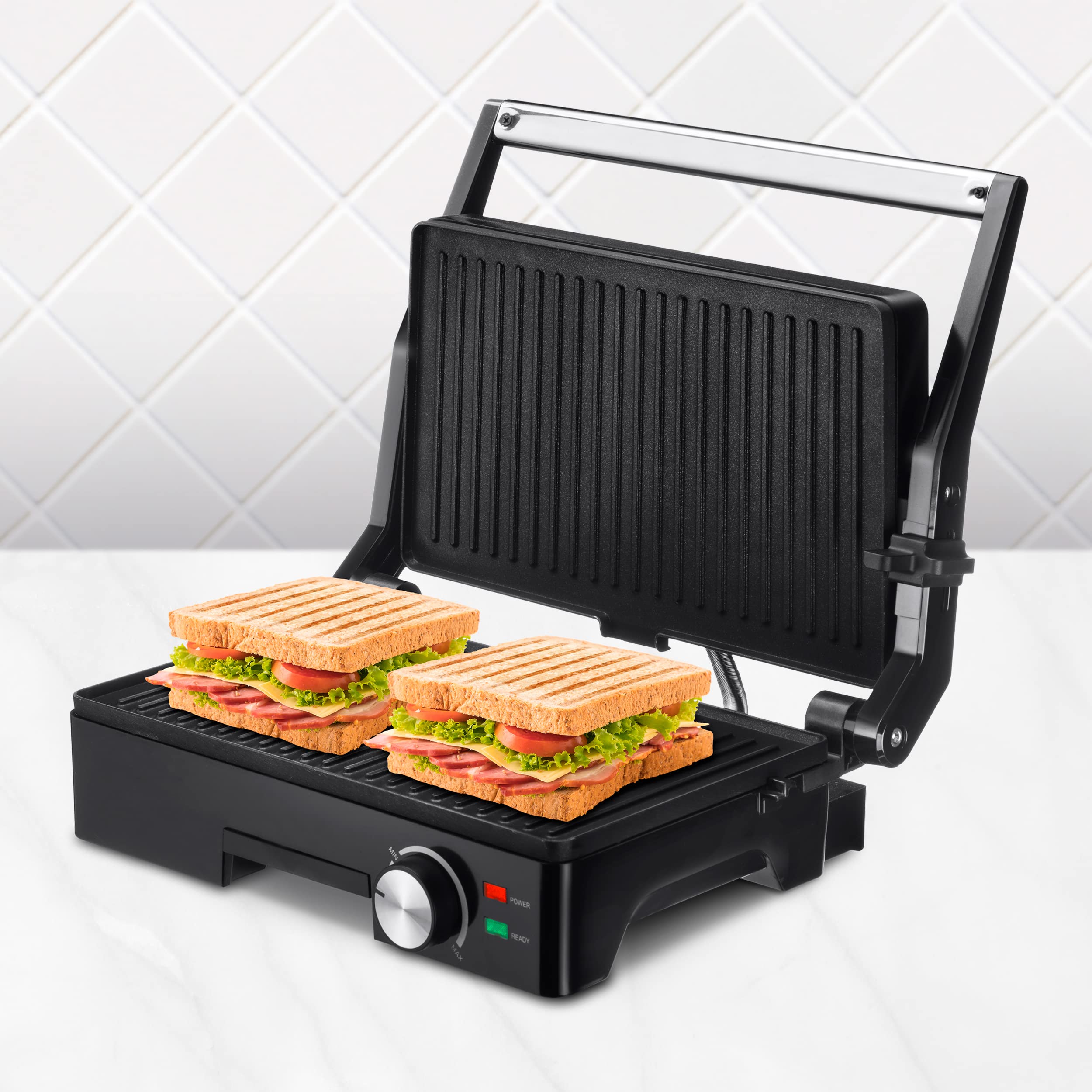 Ufesa Teide Parilla Eléctrica, Panini Press Grill, 1600W, Placas Antiadherentes, Apertura 180º, Regulador de Temperatura, Asa Toque Frio, Negro