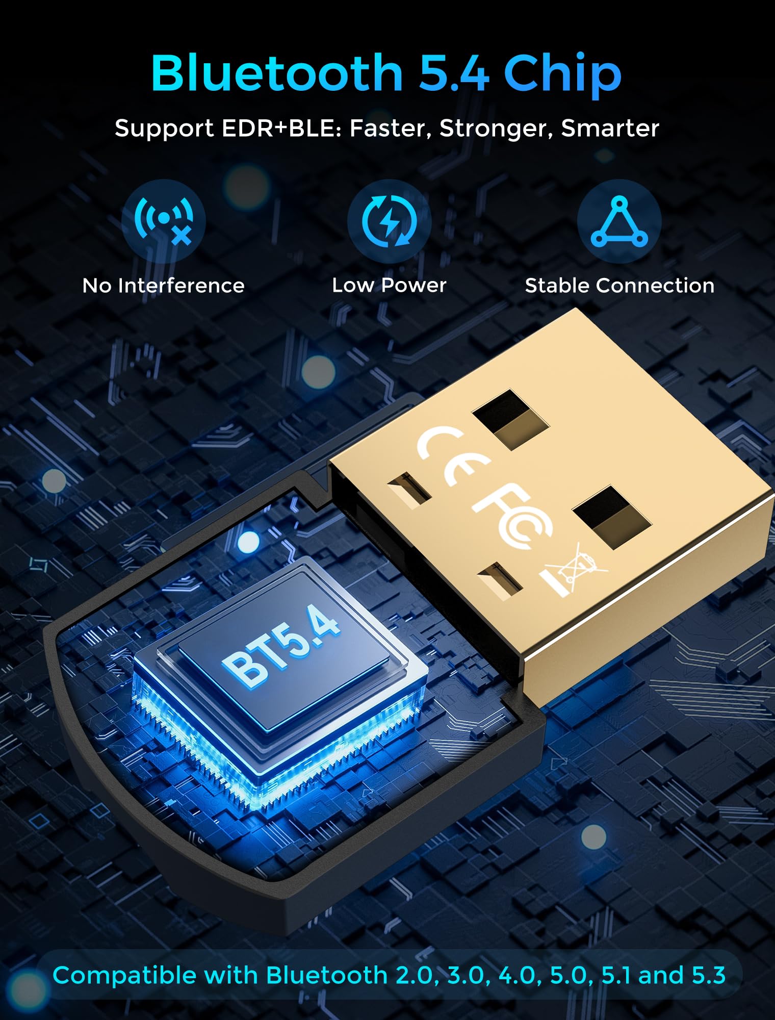 Adaptador Bluetooth USB 5.4 para PC, gliship Dual Mode Bluetooth Dongle (BLE+EDR) Plug & Play, adaptador Bluetooth de hasta 7 dispositivos, compatible con Windows 11/10/8.1 PC mouse teclado