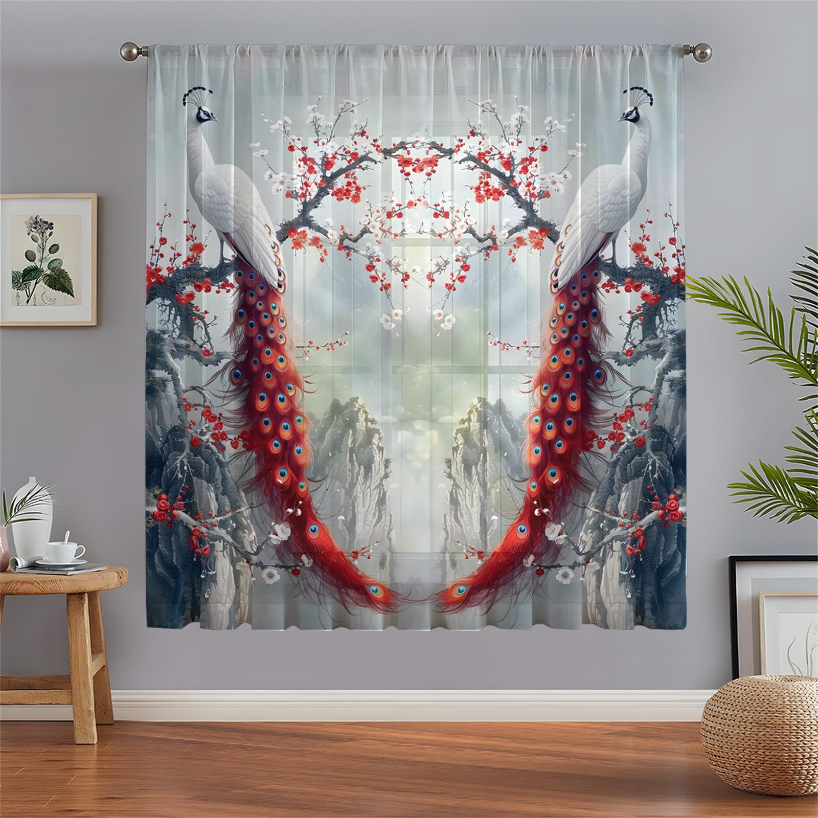 Surwin Net Curtains for Windows, 1 Panels Voile Curtain, Modern Floral Pattern Series with Eyelets, Semi Transparent Lightweight Voile Panel for Living Room Bedroom Balcony (Peacock,W132xH45cm)