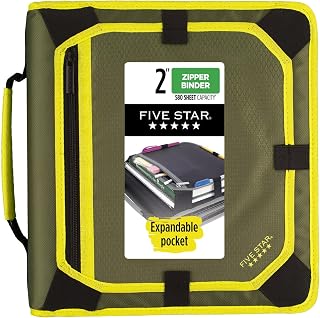 Five Star Zipper Binder, 2 Inch 3-Ring Binder with Round Rings, Expansion Panel and 5-Tab Expanding File, 580 Sheet Capacity, Olive/Citrus (290520C)