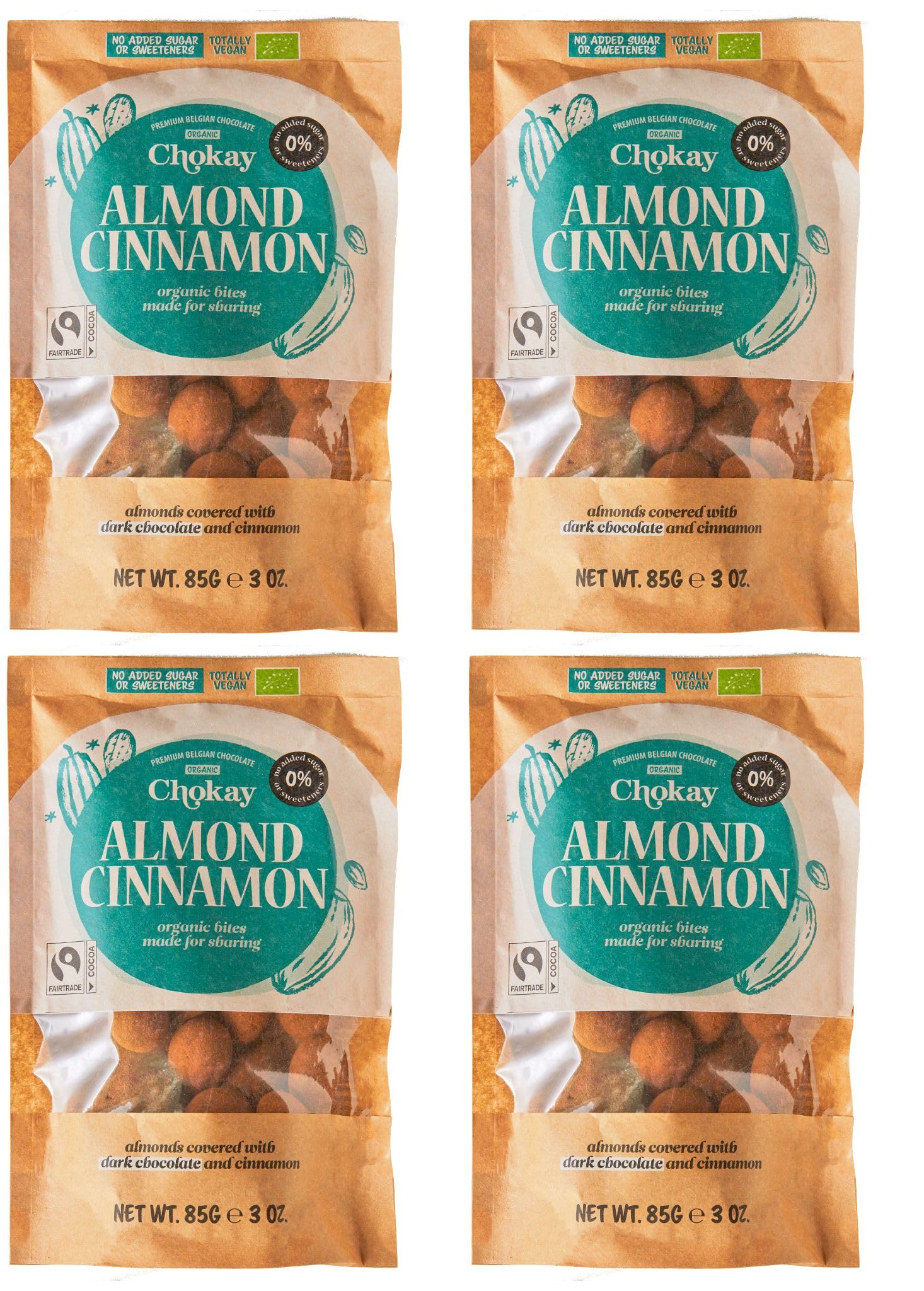 Chokay BIO Bites 4er SET - ALMOND CINNAMON/Zimt-Mandeln in belgischer Zartbitter-Schokolade/Ohne Zuckerzusatz, ohne Süßungsmittel/VEGAN & FAIR TRADE / 4x85g