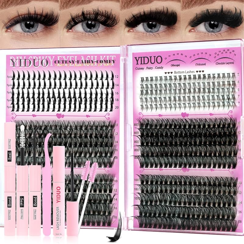 Kit de Cílios em Tufos YIDUO 40D+60D+80D+100D com Spikes e Cílios Inferiores, Bond and Seal, Removedor e Pinça, 600 unidades