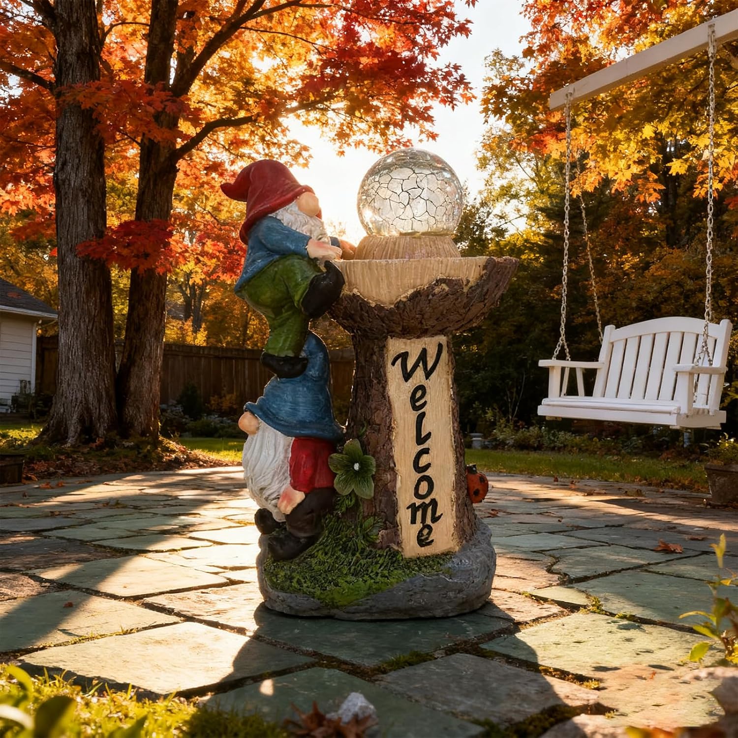 Solar Powered Garden Gnome Welcome Sign with LED Cracked Glass Ball, Outdoor Statue Decor for Patio Yard Lawn Walkway, for Mom Grandma (Red)
