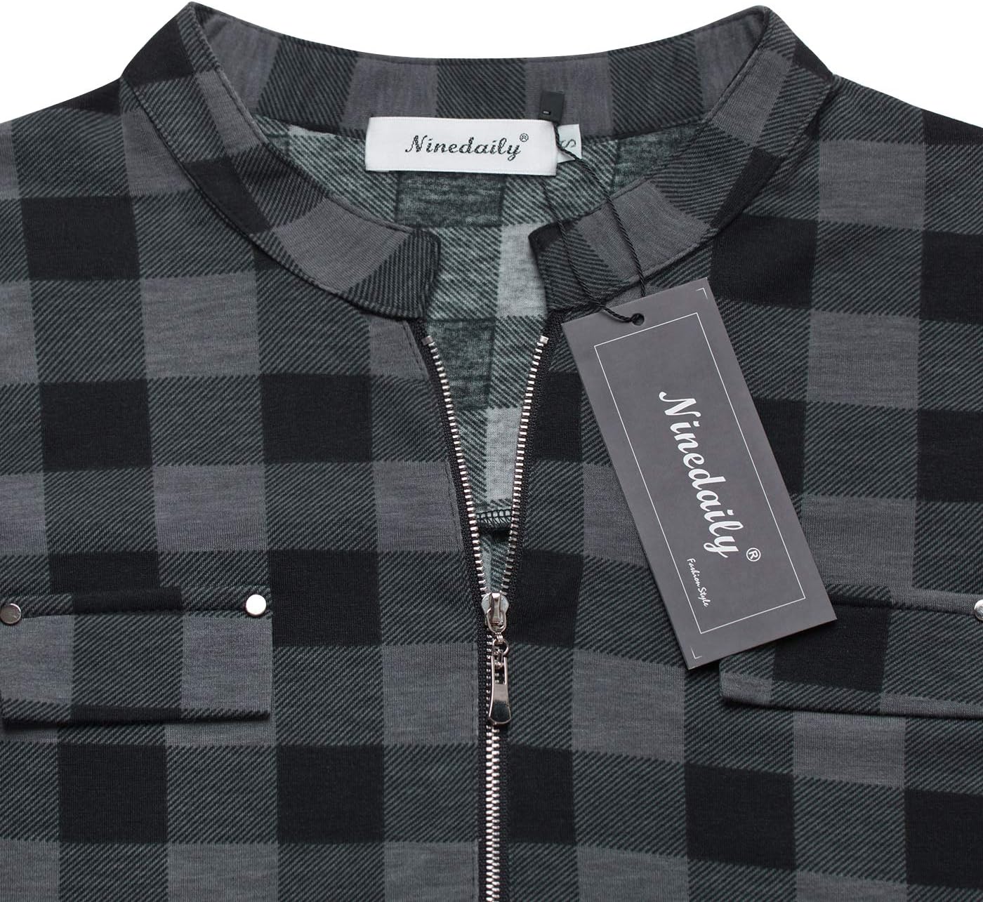 Ninedaily Women's 3/4 Sleeve Plaid Shirts Zip Floral Casual Tunic Blouse Tops - Image 4