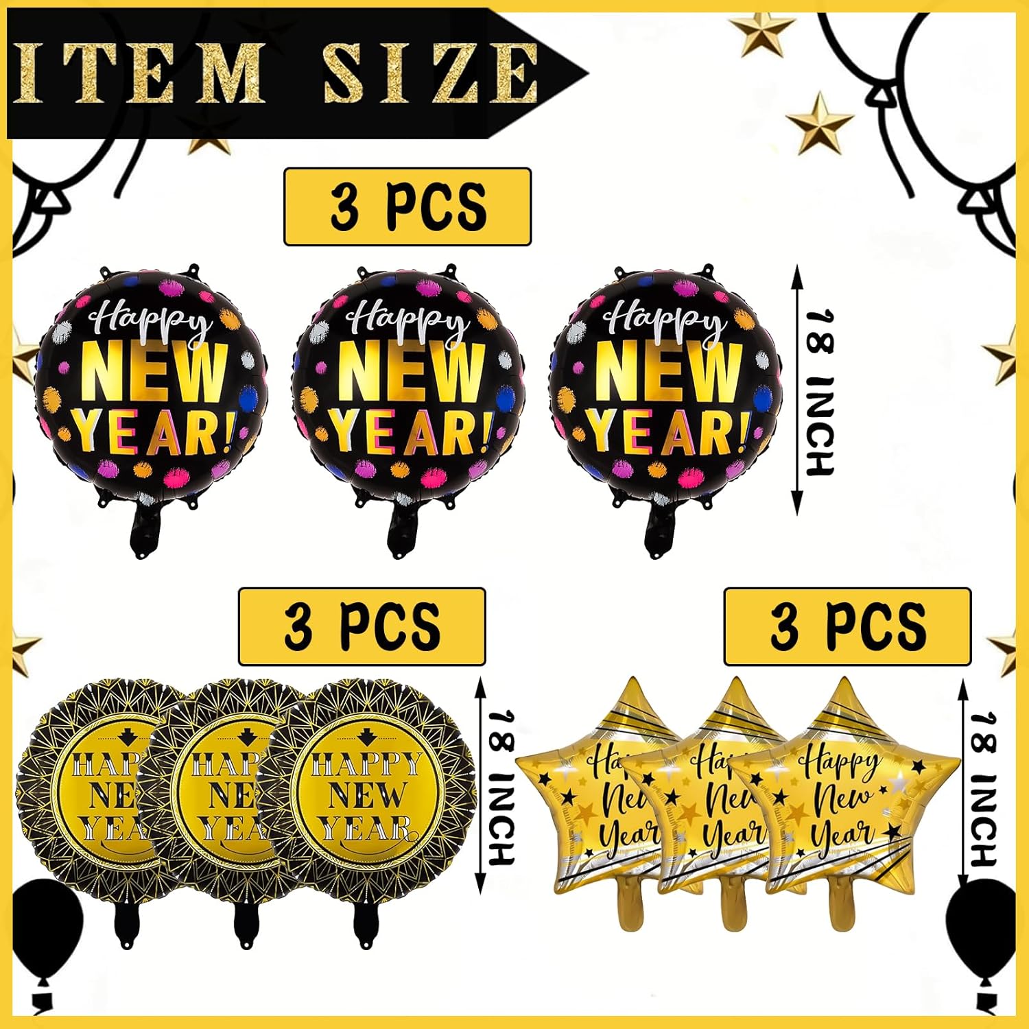 New Years Balloons, 9 PCS Black Gold New Year Decorations 2026 Star Round Foil Balloons for Happy New Year Decorations Birthday Anniversary Wedding Festival Ornament Decor New Year-03
