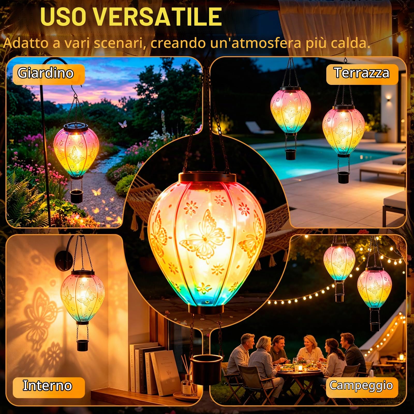 2 Pezzi Lampada Solare a Palloncino Caldo, 45x14 cm Lampada Solare per Esterni, Lampade Solari per Esterni Appendibili, Palloncino Caldo per Decorazione, Sensore di Crepuscolo, Resistente alle