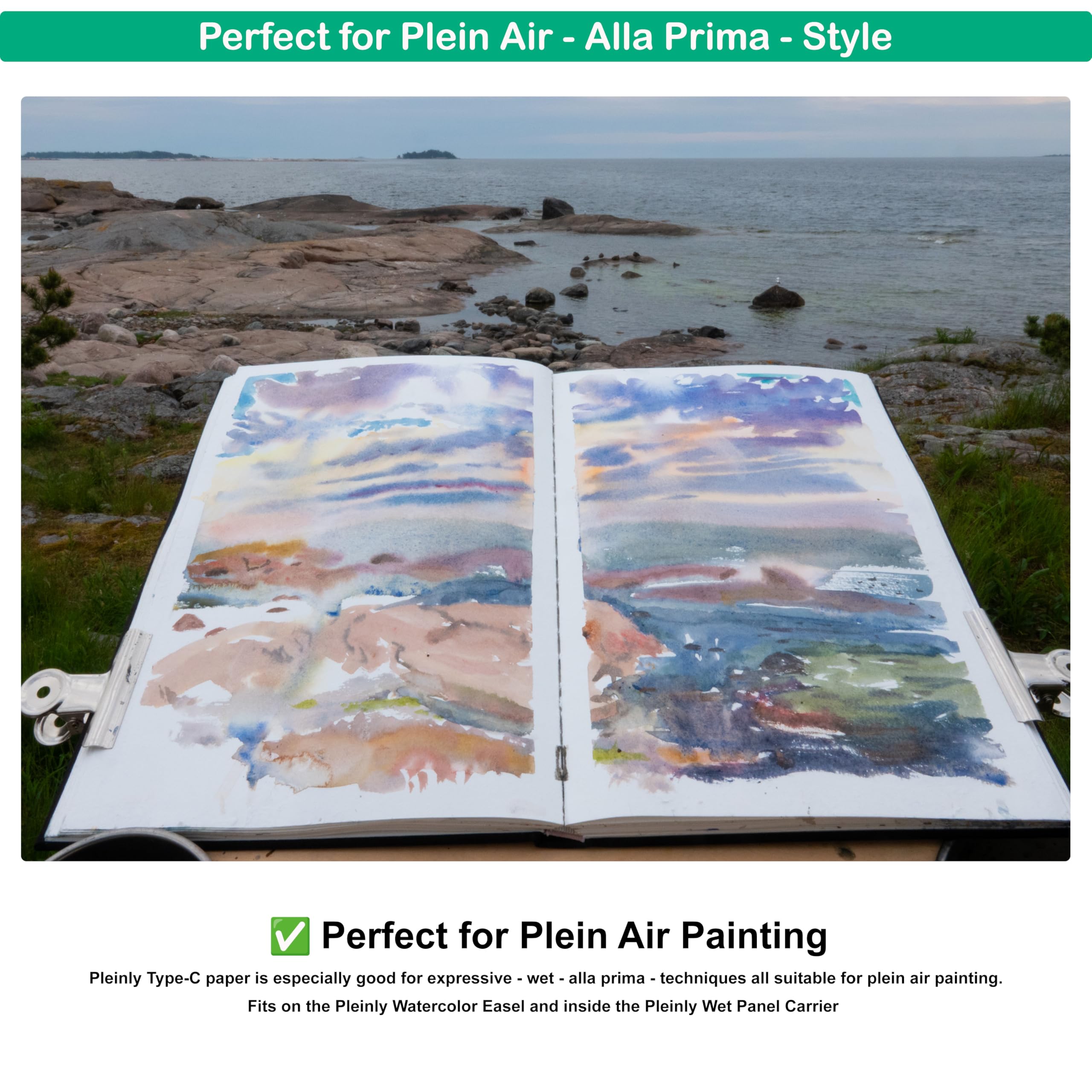 Pleinly Carnet de croquis aquarelle, 202 x 306 mm, 100 % coton, 300 g/m², 26 feuilles/52 pages, portrait, pressé à chaud (texture subtile), couverture en toile rigide