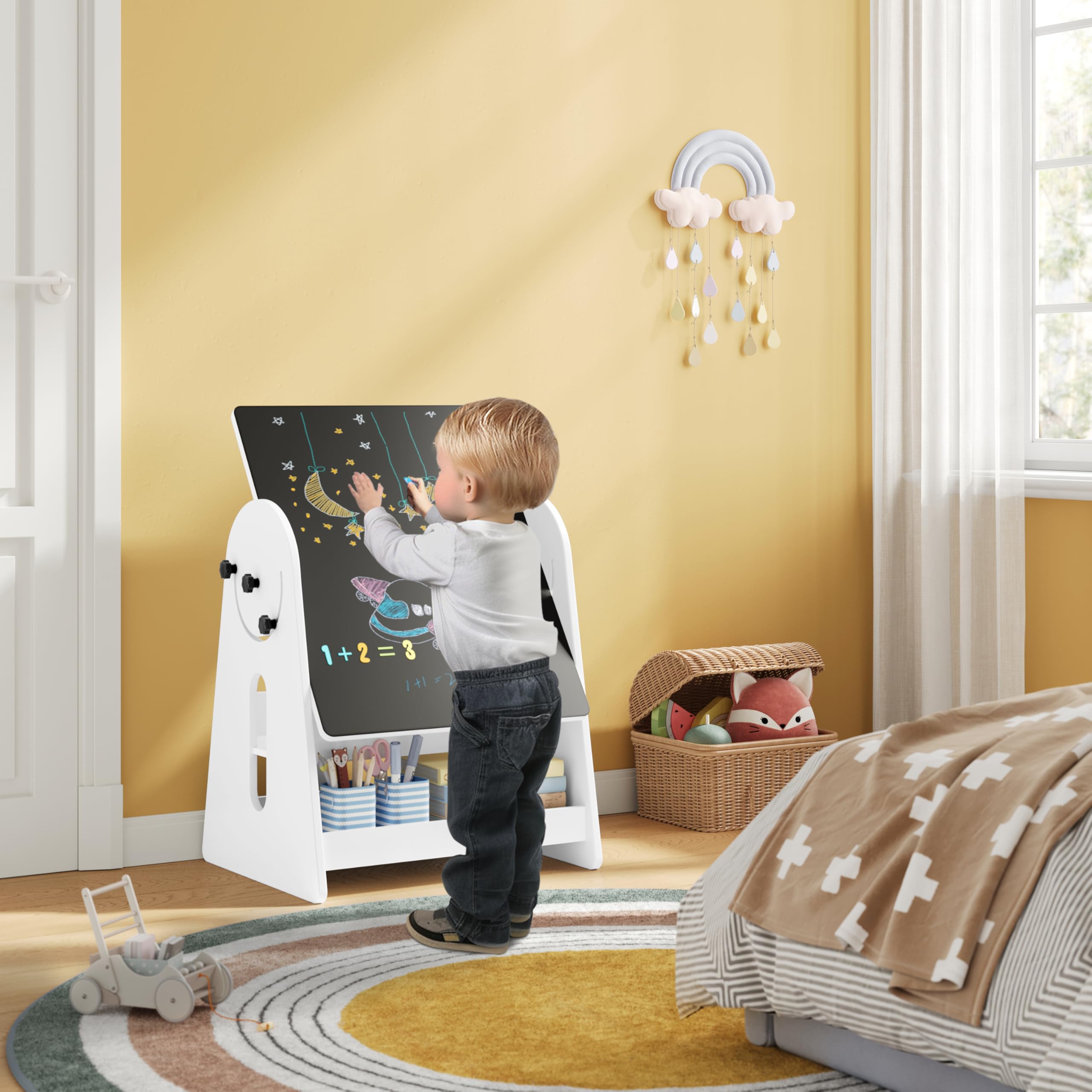 WOLTU Kindertisch mit 2 Stühlen, Kindertisch mit Stauraum, Innen 3 in 1 Maltisch/Tafeltisch mit Bücherregalen für Kinderzimmer, Vorschüler Kindersitzgruppe Indoor, Weiß