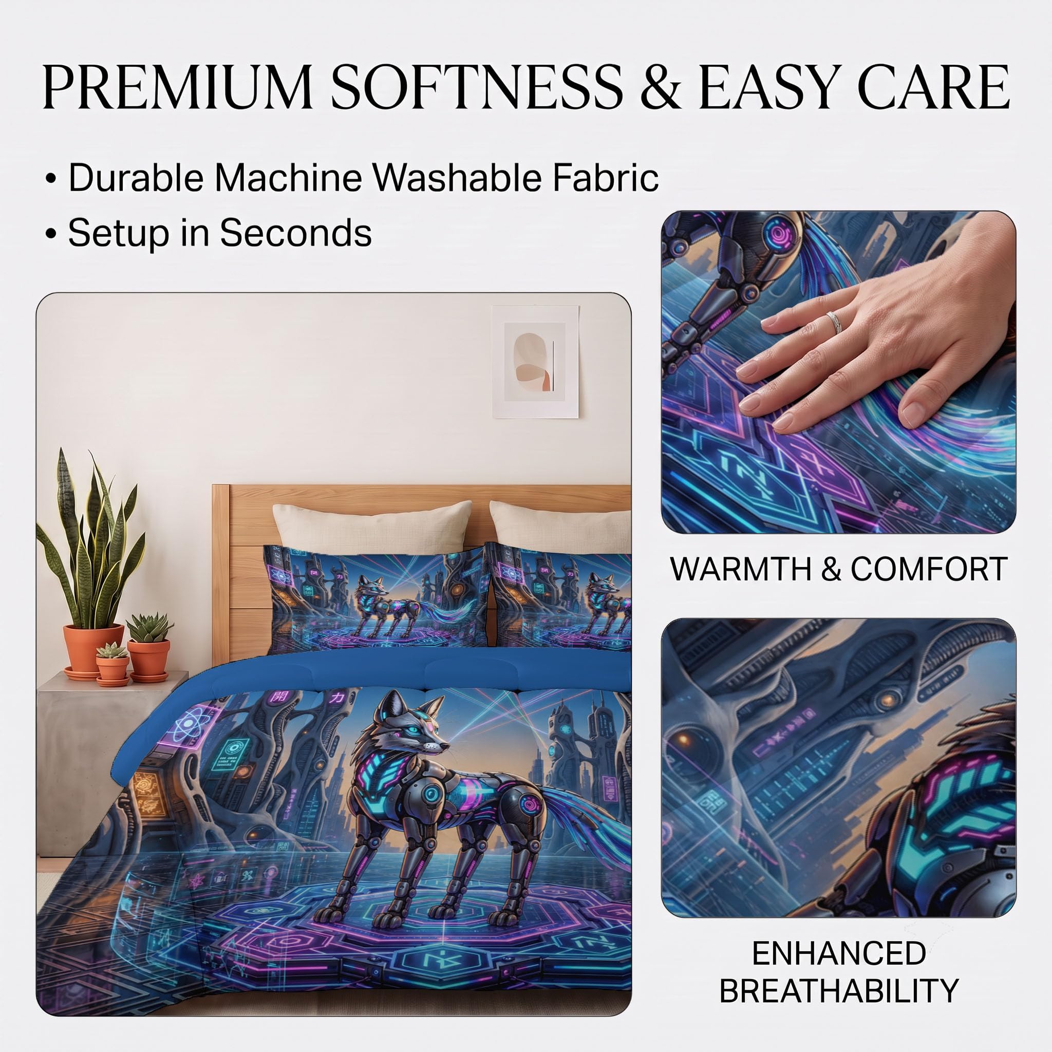 Piumone 2-In-1 Letto Singolo 140X200 Cm Animali Cibermeccanici | Trapunta E Piumino Reversibile 4 Stagioni, Architettura Futuristica Volpe, Copriletto Lavabile Morbido Leggero, Blu Navy
