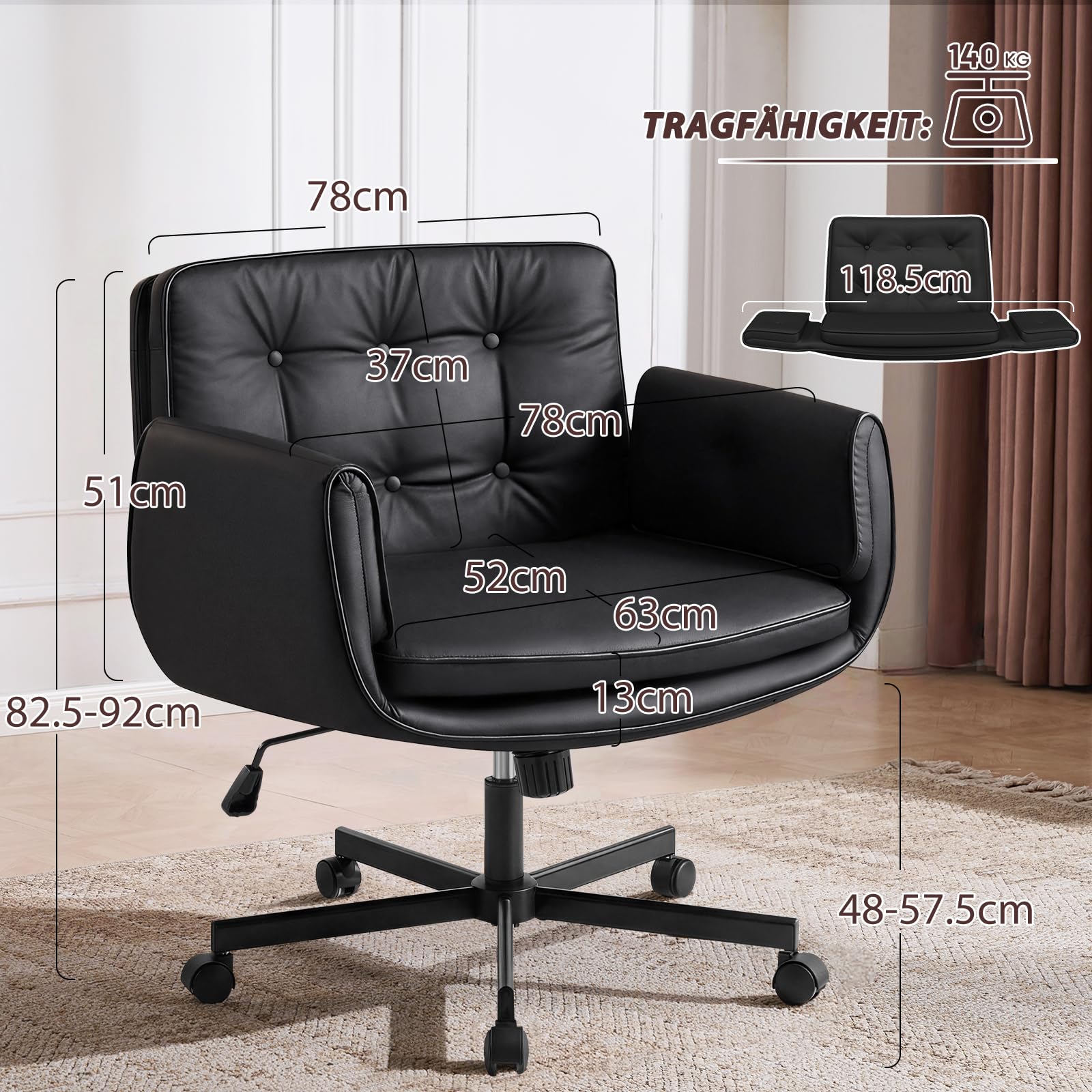 Bürostuhl Ergonomisch mit 5-Stufig Verstellbare Armlehnen, Schreibtischstuhl mit Breitem Sitzkissen, PU Leder Schneidersitz Stuhl mit Neigefunktion, Höhenverstellbar Drehstuhl, Schwarz