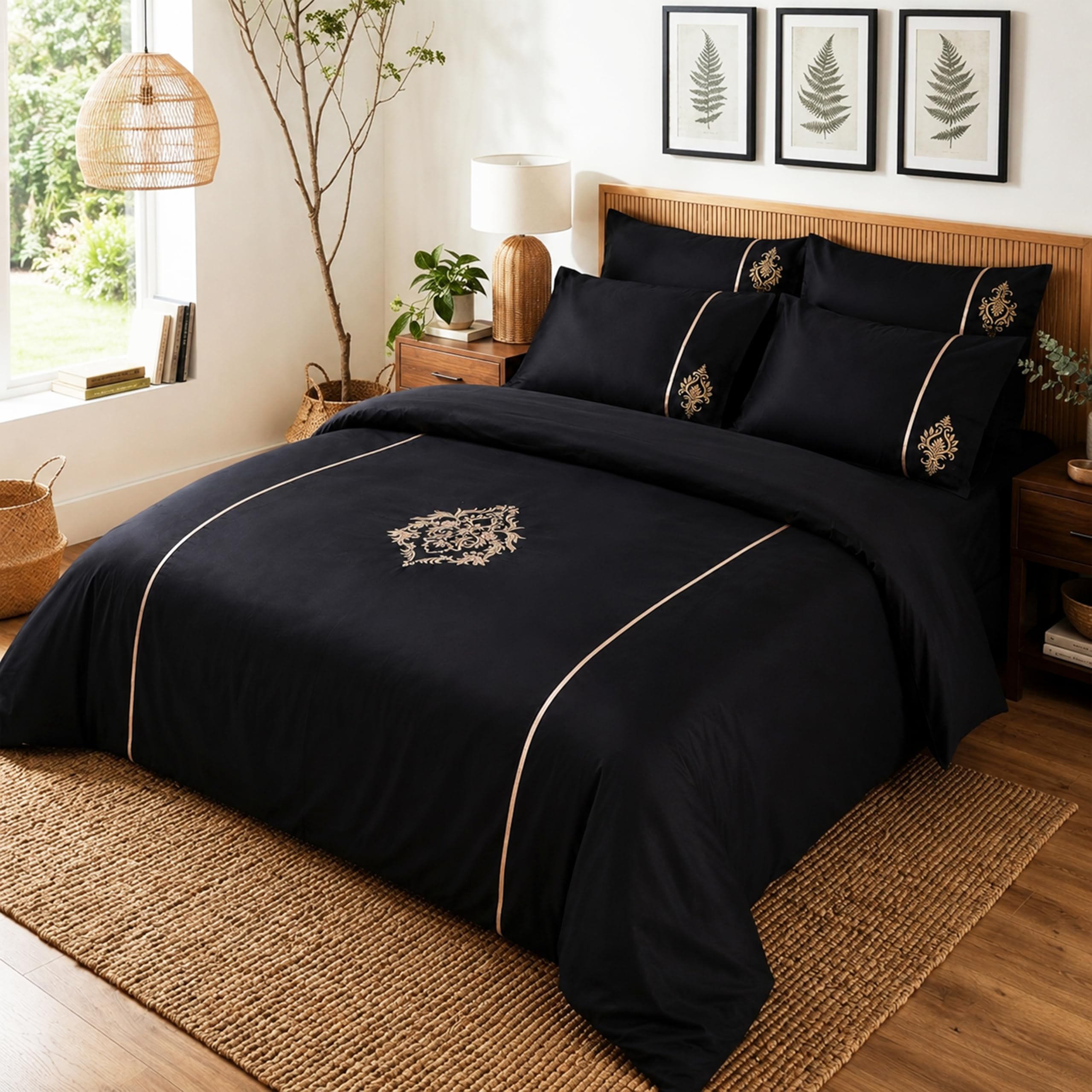 Embroidered Premium Bedsheet Set | 300 TC 100% Cotton 1 King Bedsheet Set | Extra Smoothness with Sateen Weave| Damask Black Bedsheet Set (1 Flat Sheet + 2 Pillow Cases)-image-13