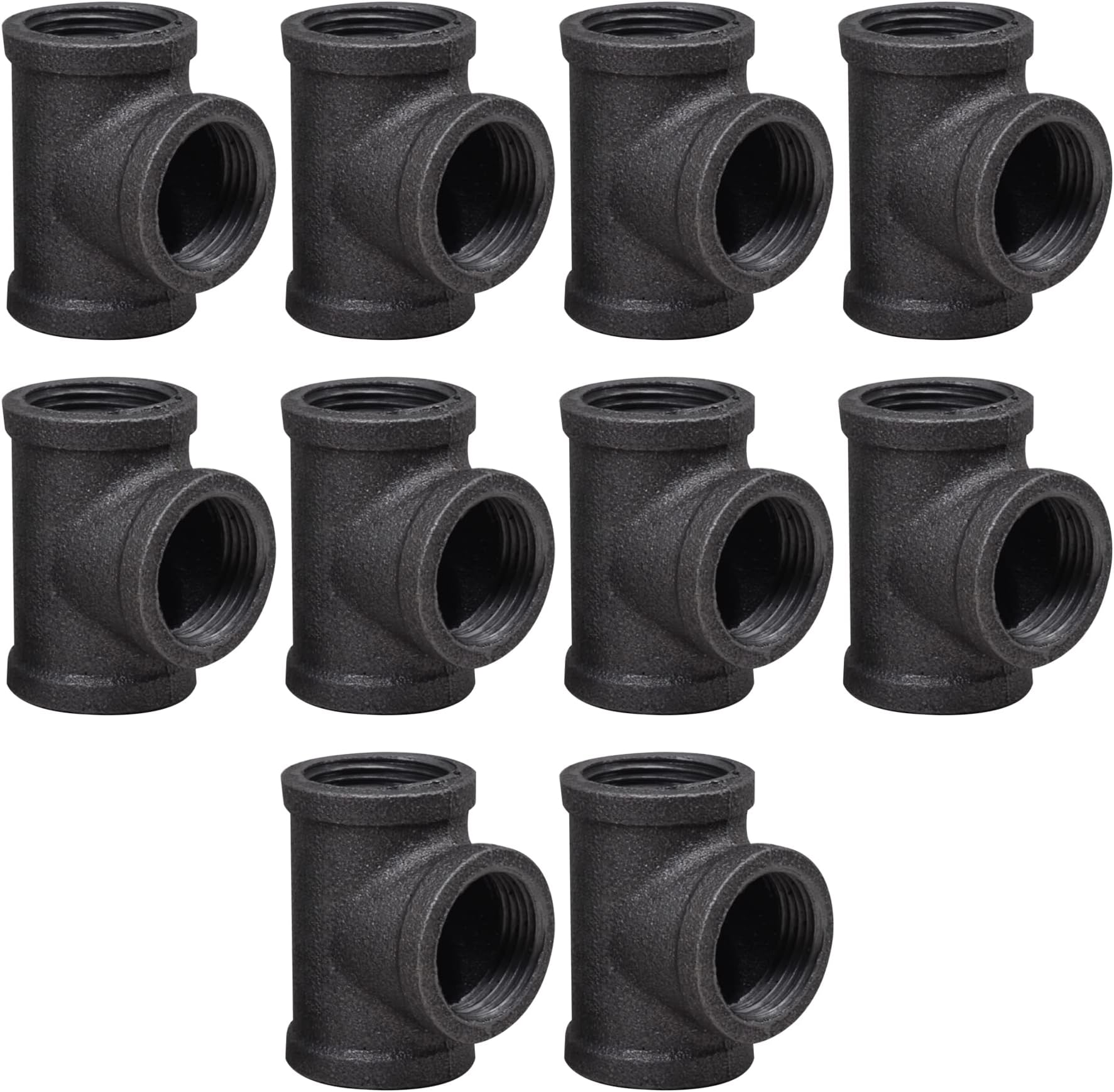 DSDS 10 PACK 3/4" Tee,Rustic Industrial Black Malleable Iron Pipe Tee for Pipe Shelf Furniture Home Decor