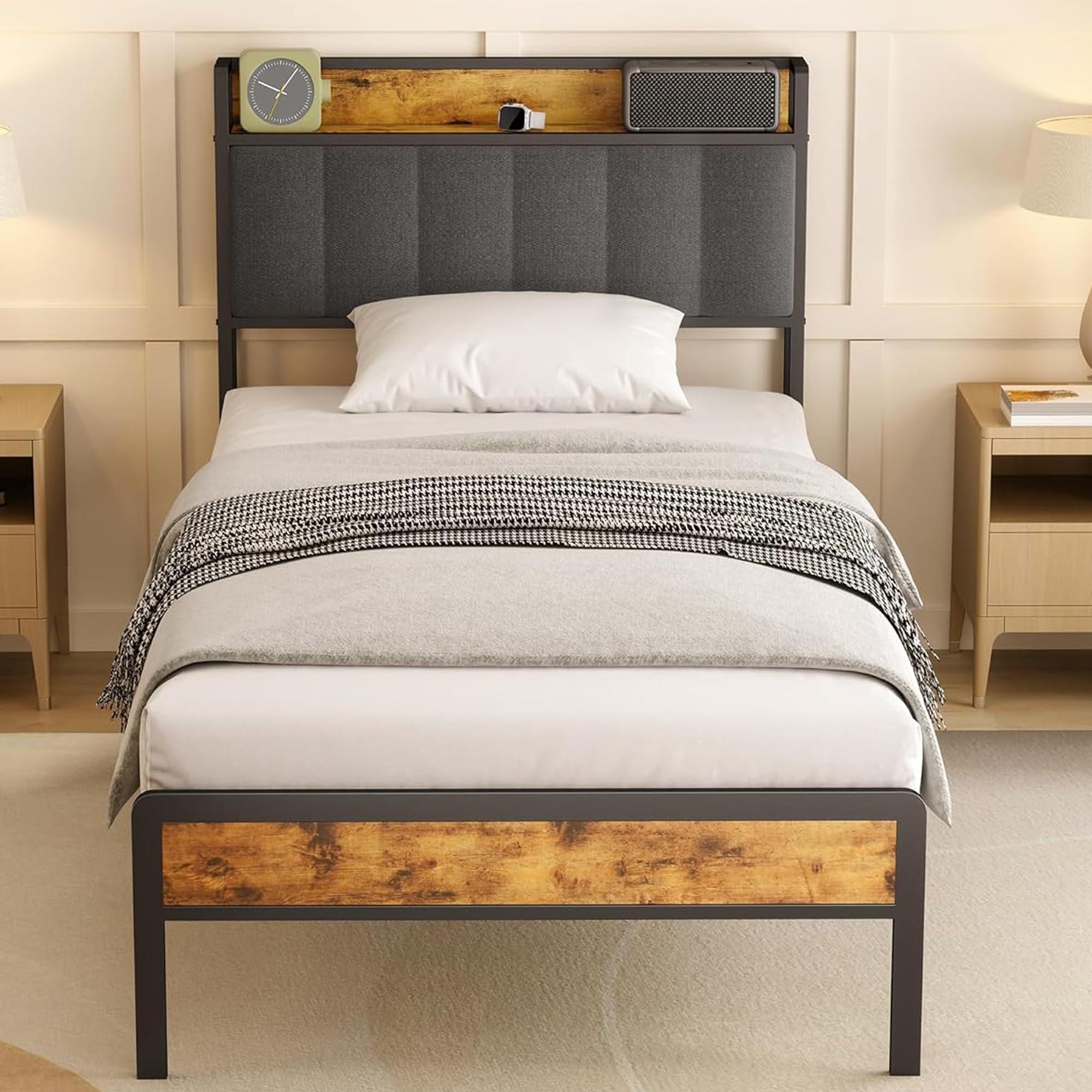 Bealife Cama tapizada de 90x200cm, Cama Estructura de Metal con cabecero, Base de Cama Tipo Plataforma con cabecero de Listones de Madera（Gris Oscuro）