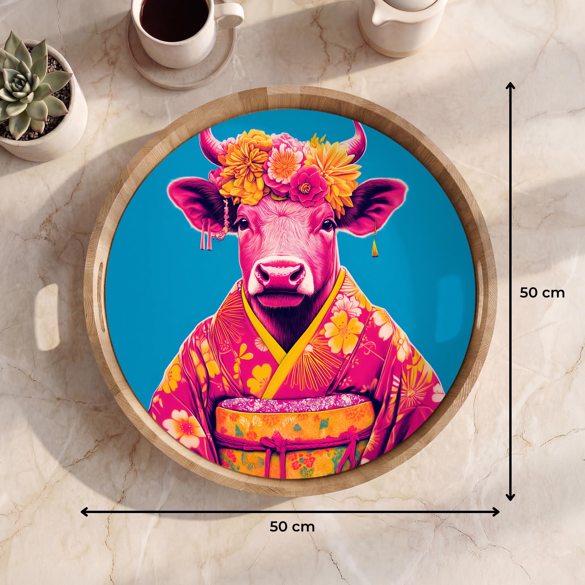 Bandejas De Madera Redonda 50x50 cm Bandeja para Servir Roble Decorativa Resistente A Los Arañazos Tabuleiro Diseño Desayuno Vaca - Corona Flores - Pendientes - Kimono