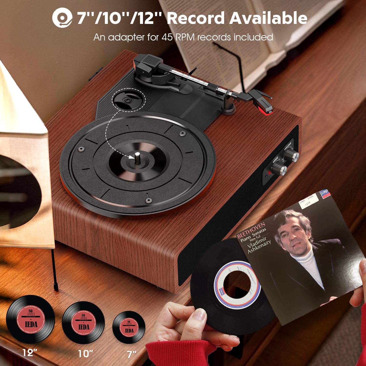 Plattenspieler, FYDEE Vinyl Plattenspieler mit Eingebauten Stereo-Lautsprechern, 3 Geschwindigkeiten 33/45/78 RPM, Bluetooth Schallplattenspieler, Unterstützt RCA-Ausgang, AUX-Eingang, Kastanienbraun