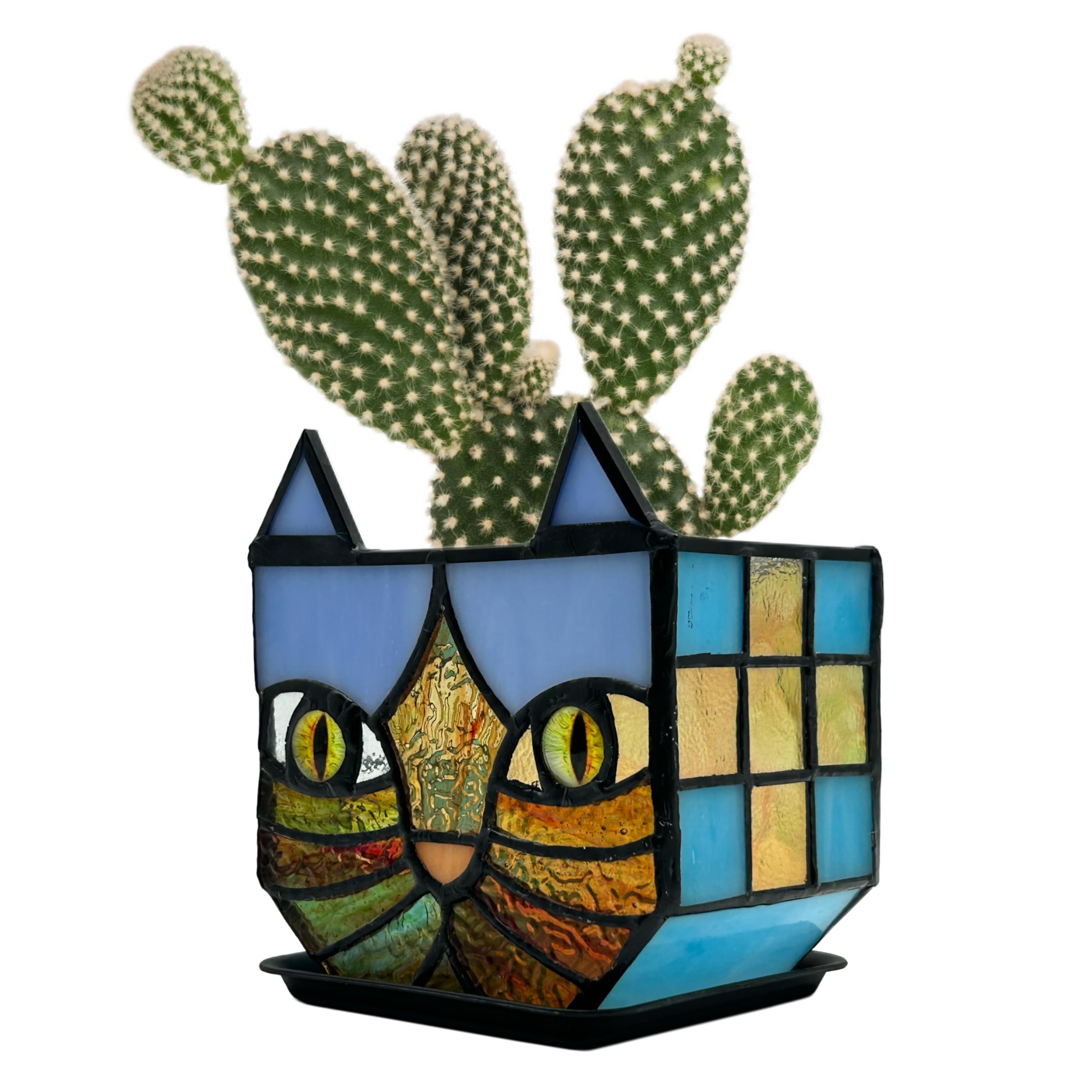 Entlityful Tiffany Style Stained Glass Cat Flower Pots with Drainage,Funny Blue Cat Planter,Cute Garden Pots,Flower Pots for Indoor Plants,Gifts for