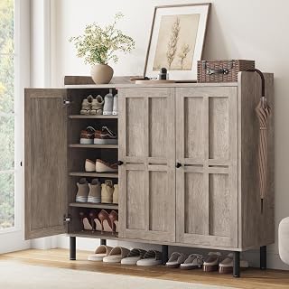 ComfyCorner Shoe Cabinet with 3 Doors, Shoe Rack for Entryway, Washed Gray | Farmhouse 30 Pairs Shoe Storage Cabinet, 40" Tall Shoe Organizer Cabinet With 5 Adjustable Shelves & Metal Legs For Hallway