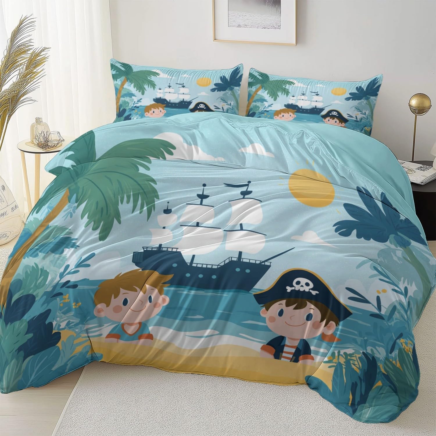 Giocosity zestaw pościeli plażowej dla dzieci 230 cm x 220 cm - bardzo miękka mikrofibra, 3 sztuki z ukrytym zamkiem błyskawicznym i dopasowanymi poszewkami na poduszki niebiesko-żółta
