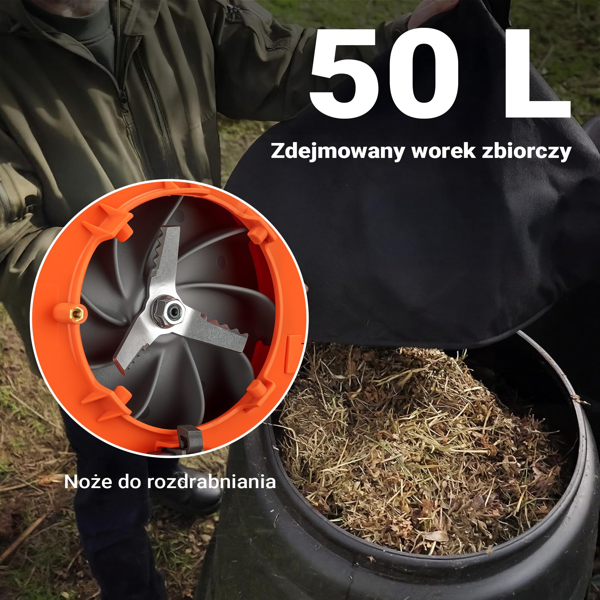Wiltec Dmuchawa do liści 3-w-1 z odkurzaczem i rozdrabniaczem, silnik 1 KM, przepływ powietrza do 265 km/h, z workiem o pojemności 50 l