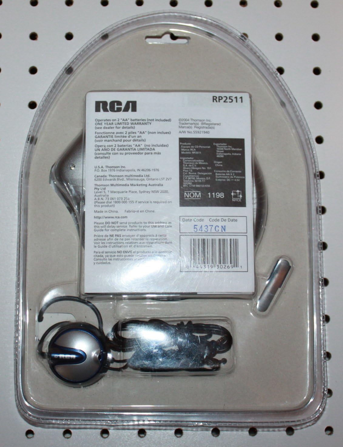 Back of the RCA RP2511 Personal CD Player retail packaging, showing accessories and product information.