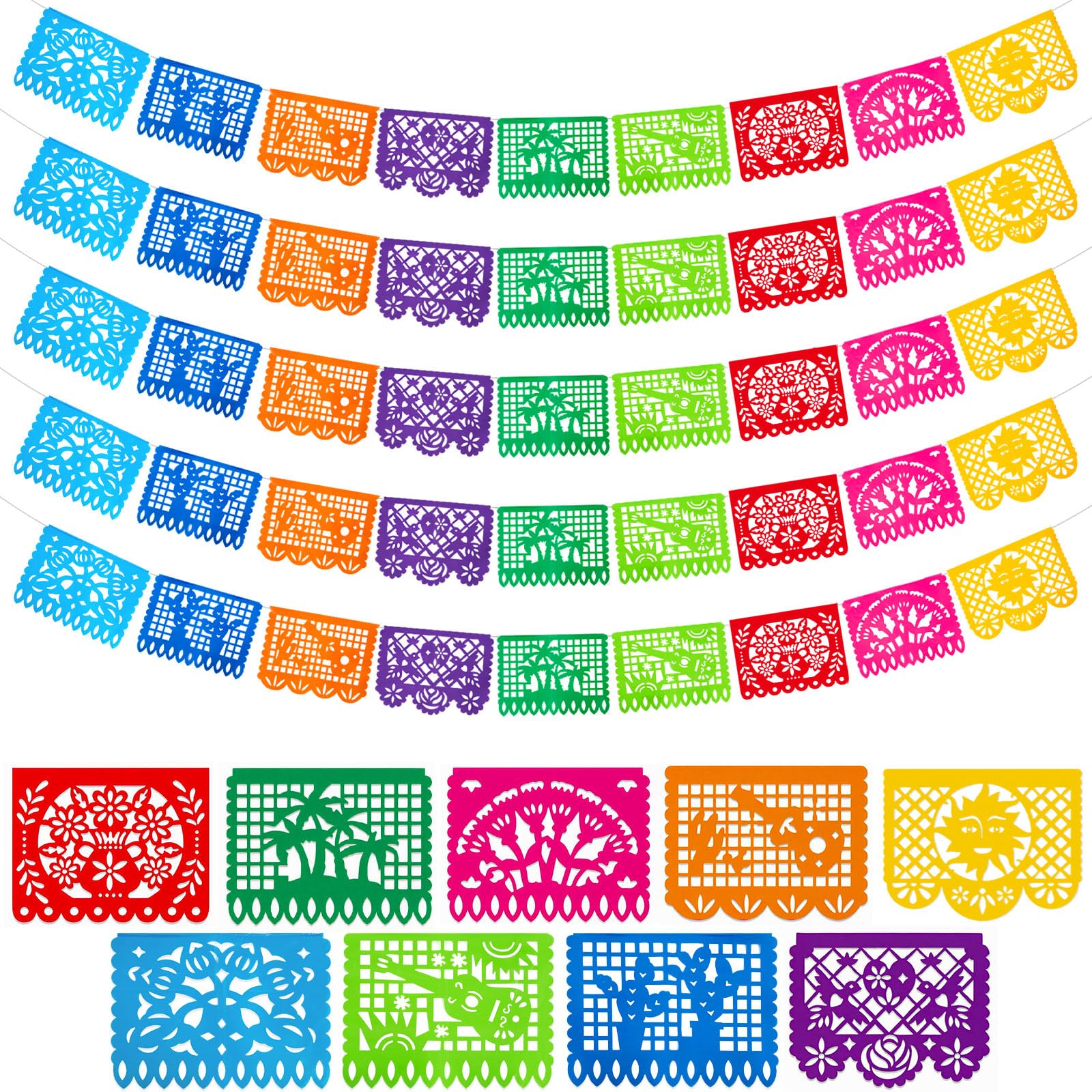 DomeStar 5PCS Mexican Party Banners, 18 Feet Plastic Fiesta Banner Cinco de Mayo Dia De Los Muertos Decor Day of the Dead Papel Picado for Mexican