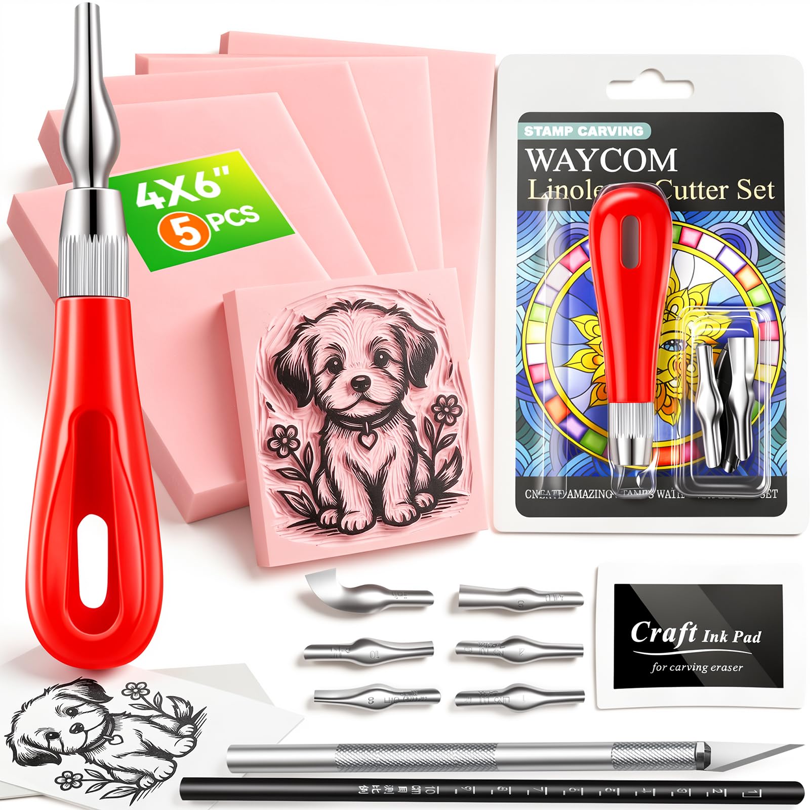 WAYCOM 5-Pack Linoleum Blocks for Printmaking: Linocut kit with Tools &amp; Ink - 4x6 Rubber Carving Blocks - Art Craft Supplies for Beginners &amp; Hobbyists - Gifts for Christmas/Birthday/Art Enthusiast