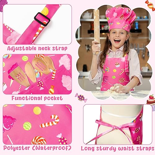 Miniatura 3 de GROBRO7 Juego de 4 delantales y sombrero de chef para niños, regalo para niñas y niños, estampado de galletas, cupcakes, dulces, juego de