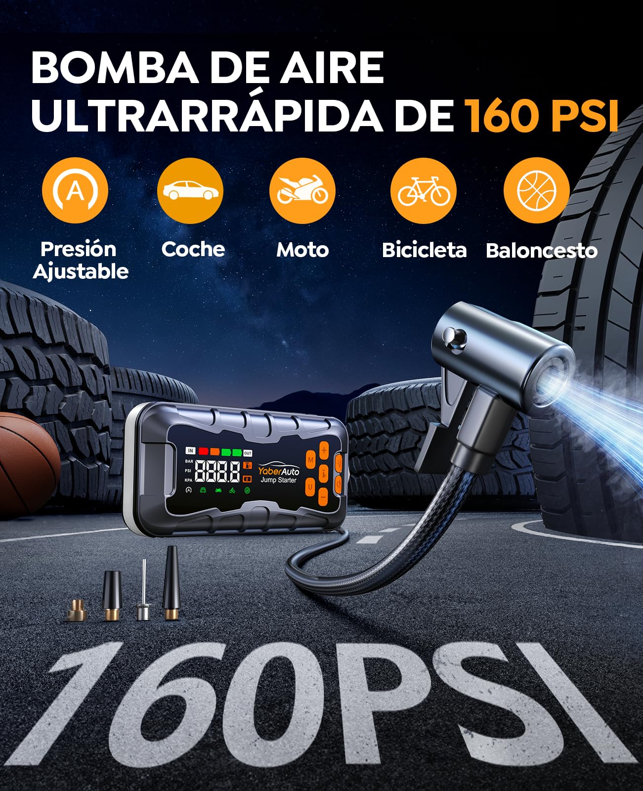 Arrancador de Bateria de Coche 8000A, 16-en-1 YaberAuto Arrancador de Coche Portatil (Todo Gas/Diésel 14L) con Compresor de Aire 160PSI, Kit de Emergencia Multifunción con Guantes Aislantes