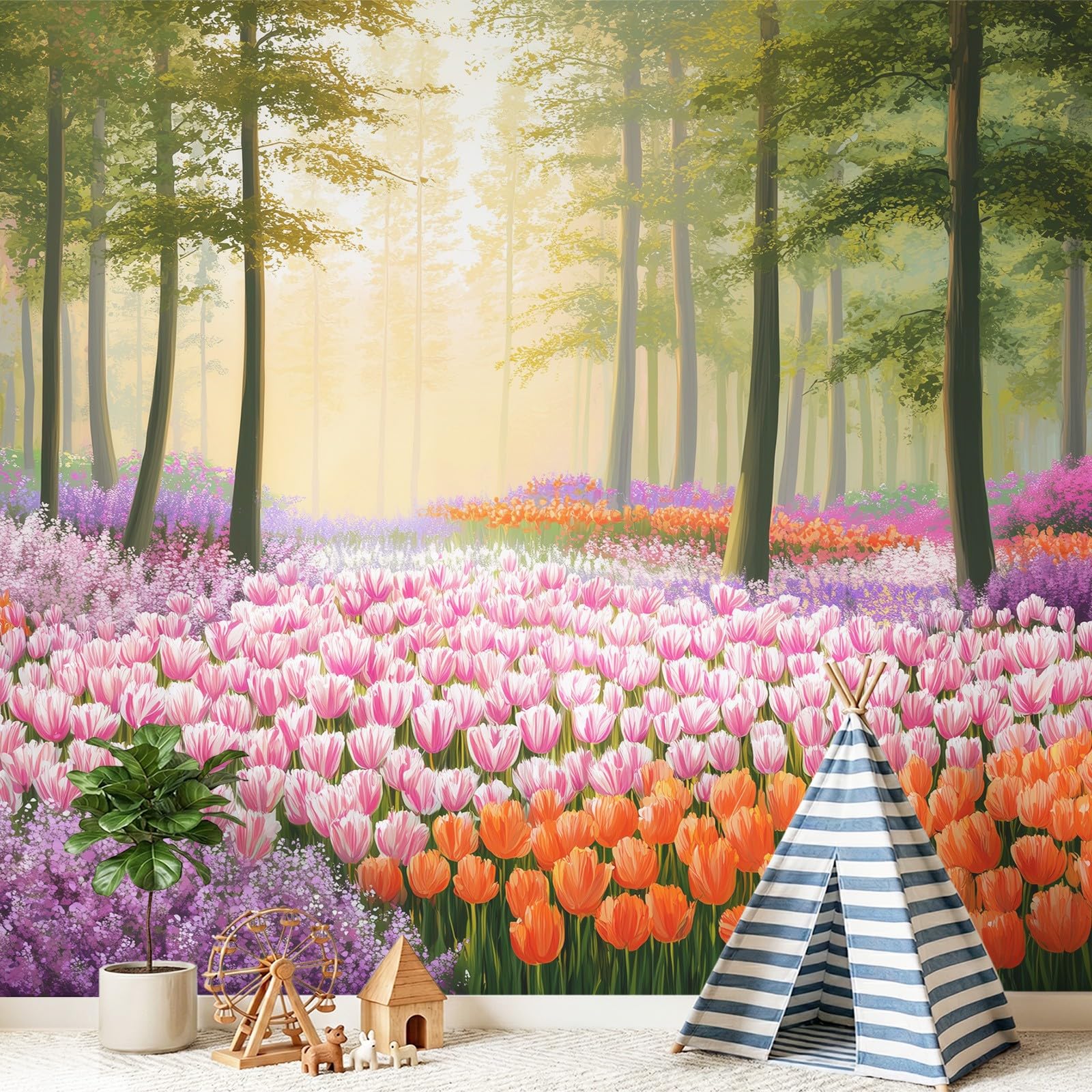 Tapeta 3D, romantyczny wiejski krajobraz, 274 x 254 cm, mural ścienny, tulipan kwiatowy tapeta mural do sypialni, przedszkola, malowniczego ogrodu wisząca