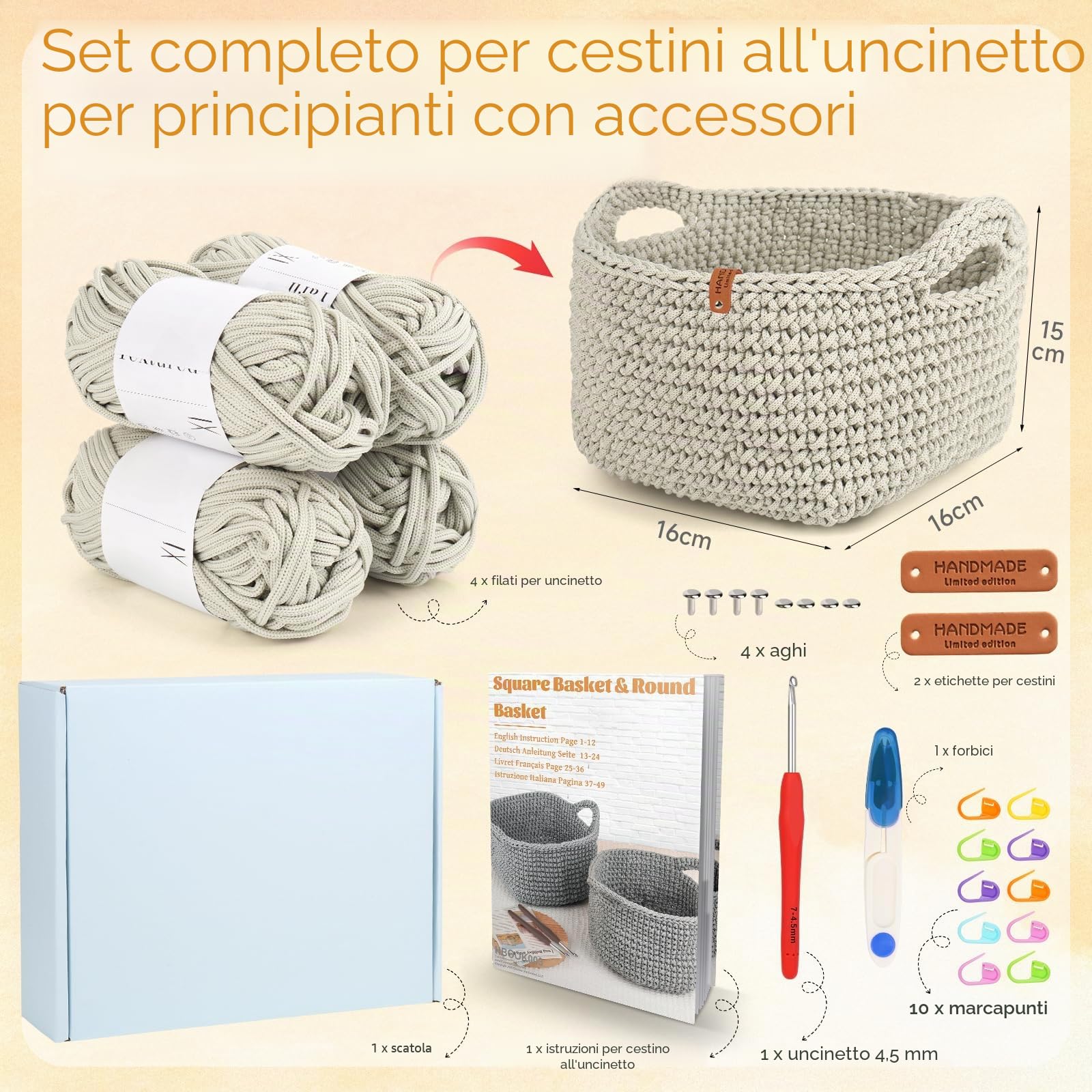 Set per principianti: cestini quadrati all'uncinetto con motivo all'uncinetto, 4,5 mm