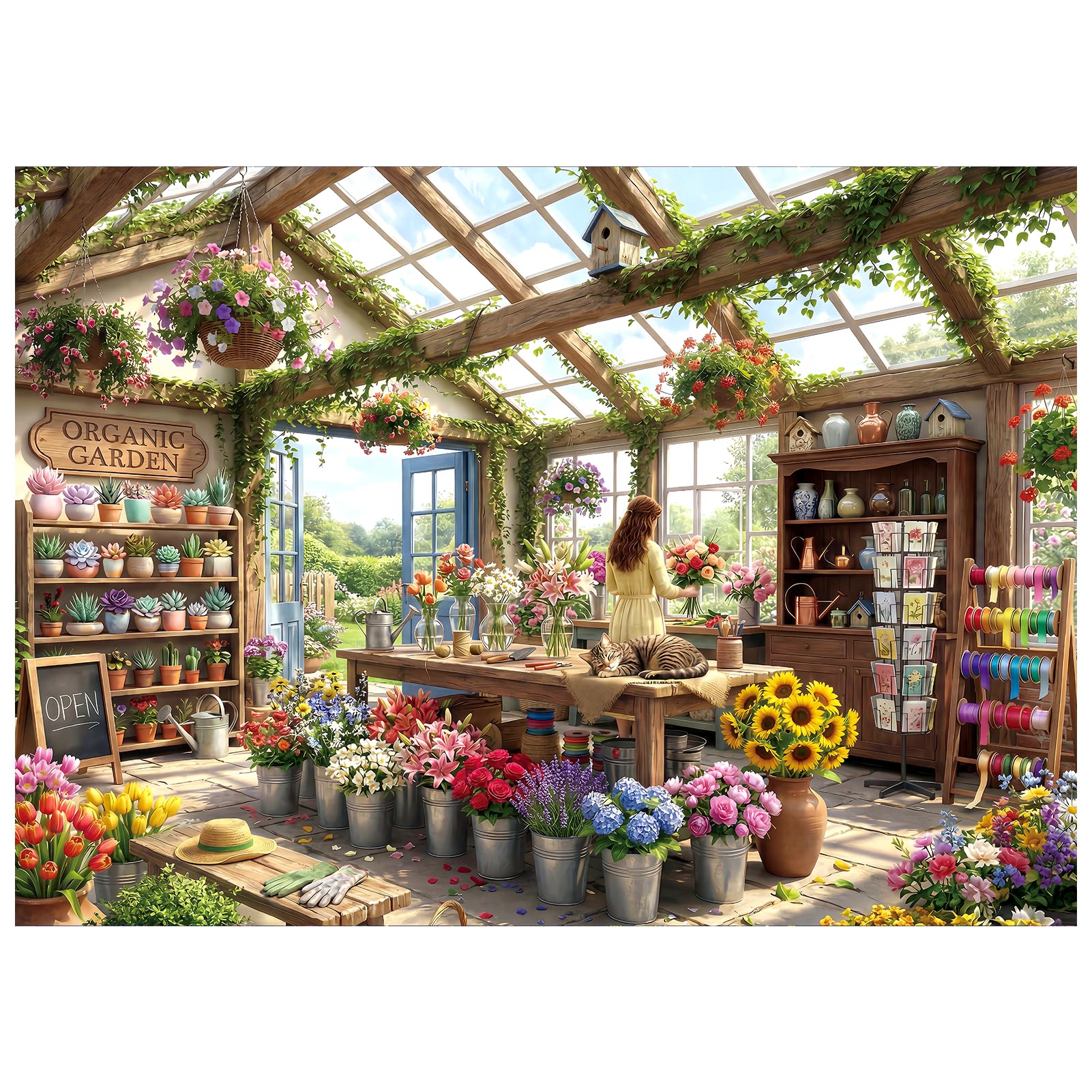 Cozy Flower Shop Puzzles for Adults 1000 Pieces,Cardboard 27.5x19.6in | Serene Floral Greenhouse Scene,Woman Arranging Flowers&Sleeping Cat,Challenging Puzzle for Family Game,Letters on Back