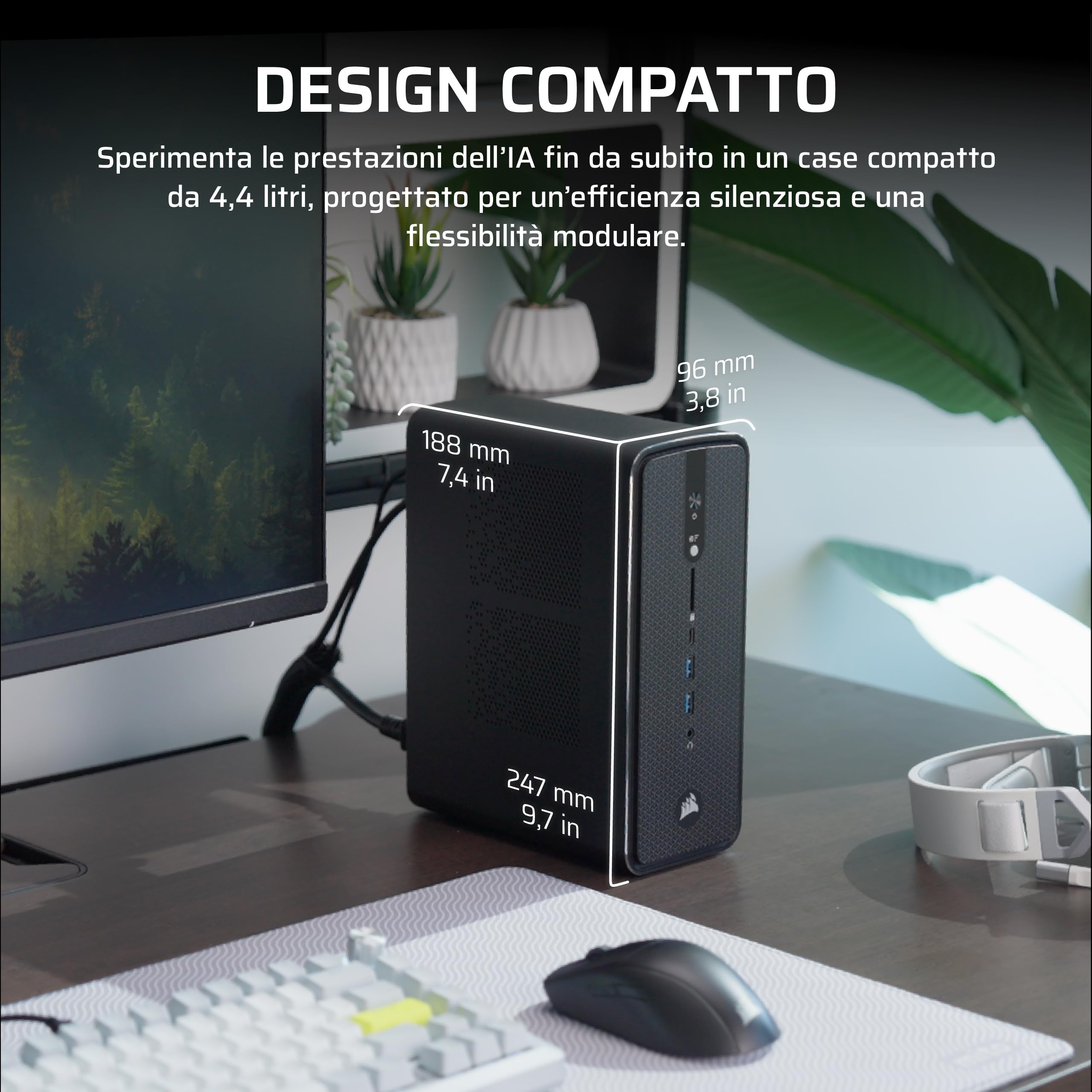 Corsair AI WORKSTATION 300 PC Desktop – CPU AMD Ryzen AI Max 385 – iGPU AMD Radeon 8050S (Fino a 48 GB di vRAM) – 64 GB di Memoria LPDDR5X 8000MHz – 1TB di SSD M.2 – Nero