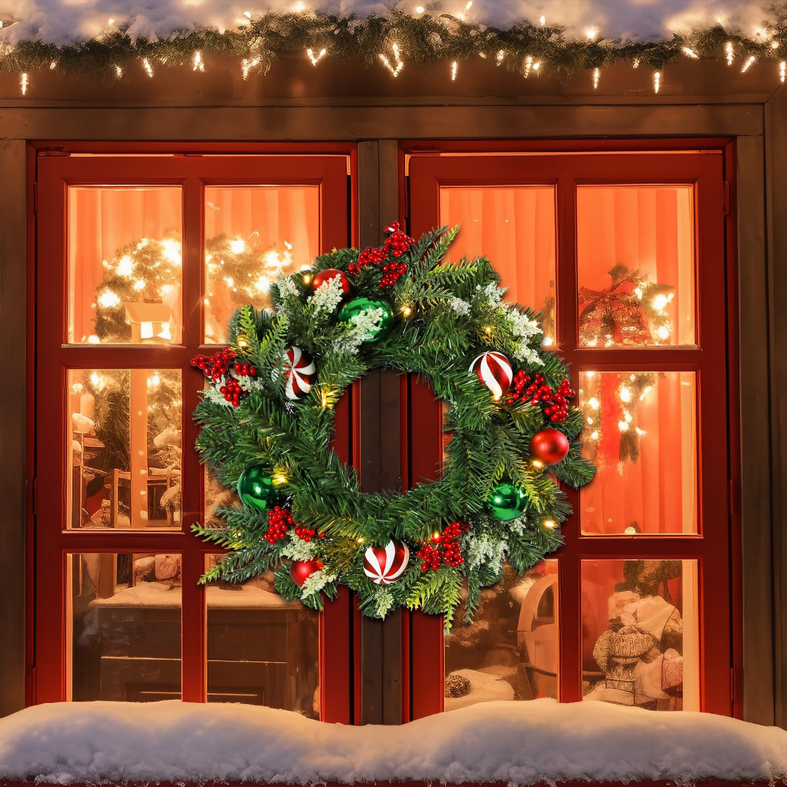 MUMTOP Couronne de Noël lumineuse de 50,8 cm avec boules de baies rouges, couronne de porte d'entrée à piles avec lumières LED pour décoration de la maison