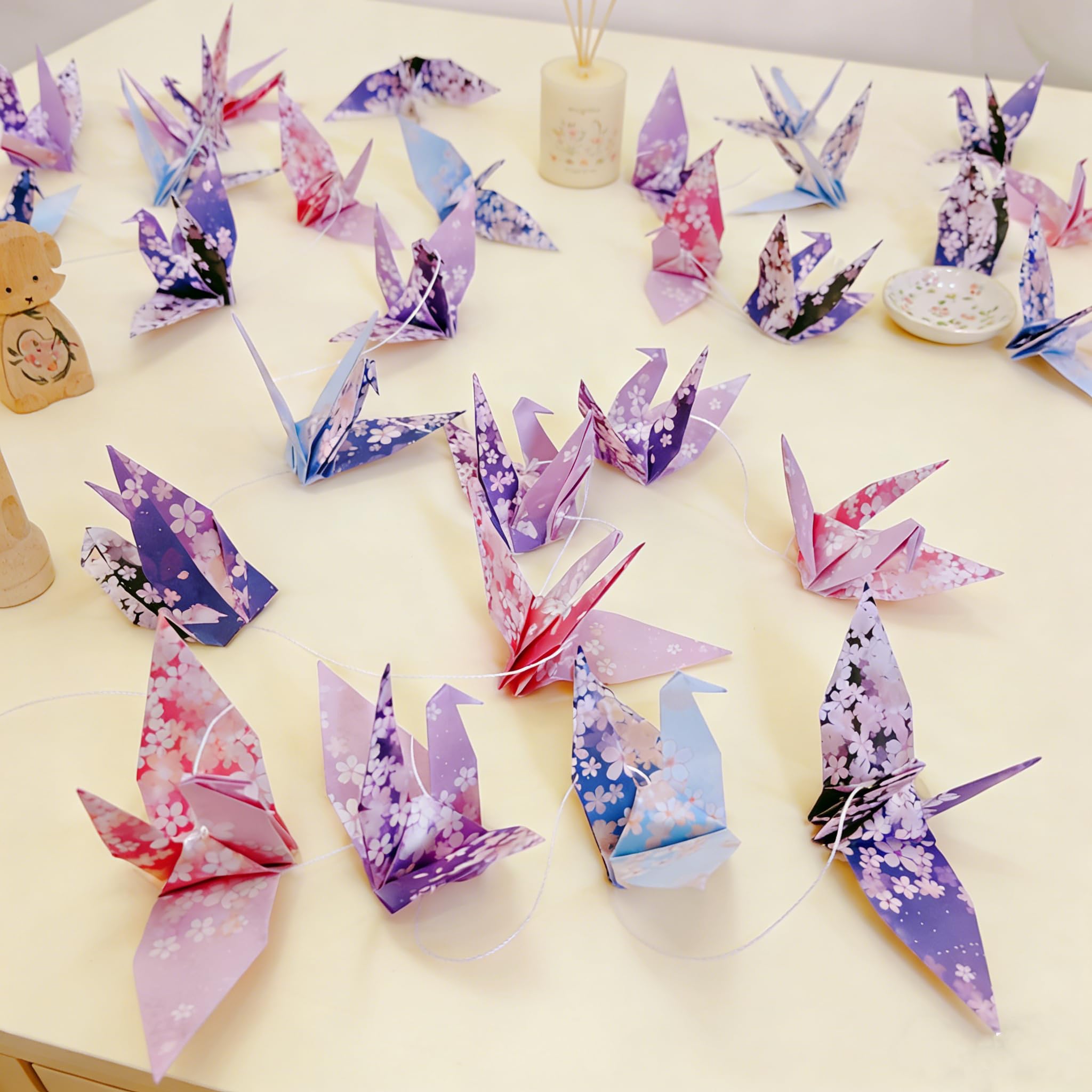 Condition photo showing New/Like New for japanese cherry blossom paper crane hanging garland sakura banner | japanese sakura flower crane streamers cherry blossom haning decor for bridal shower baby shower ceiling birthday party favor